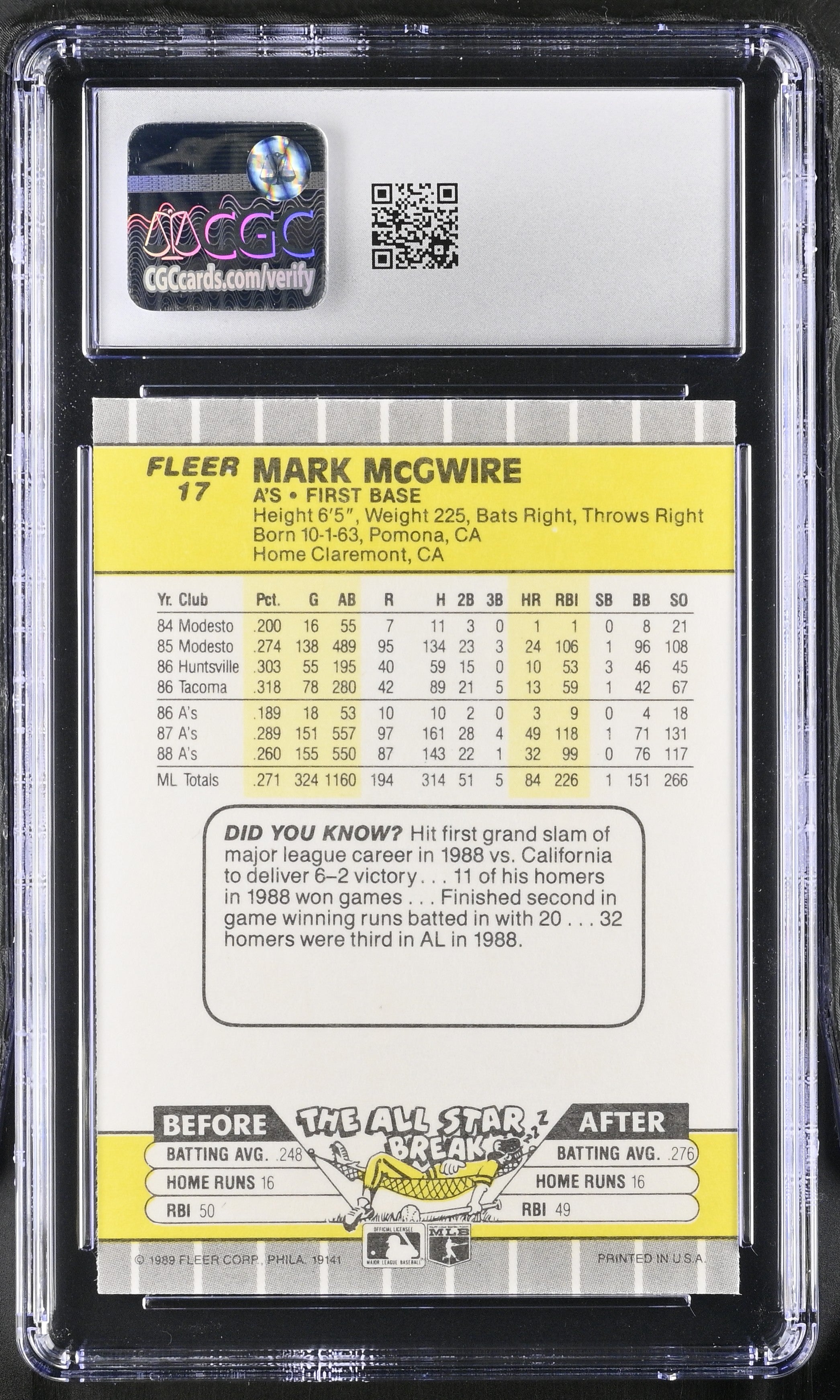 1989 Fleer Mark McGwire #17 Baseball CGC 9