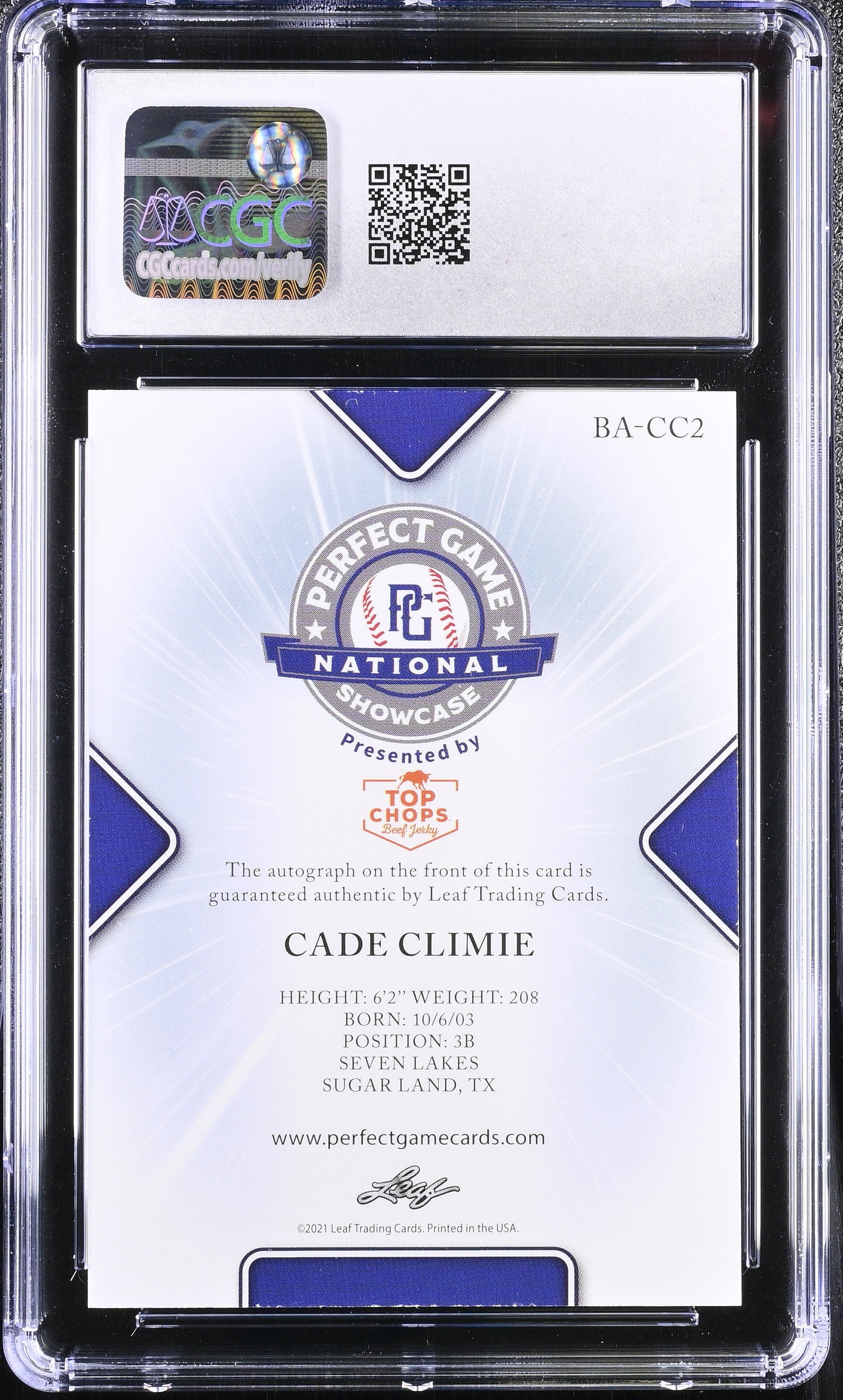 2021 Perfect Game Showcase Cade Climie #BA-CC2 Black 15/50 Baseball CGC 9