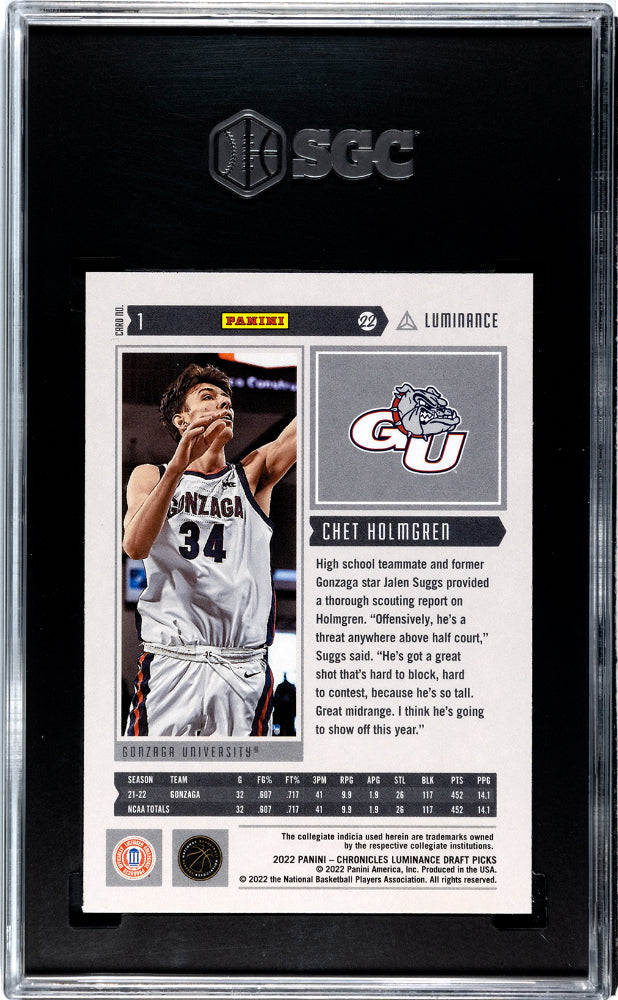 2022 Panini Chronicles Draft Picks Chet Holmgren #1 Luminance Basketball SGC 9