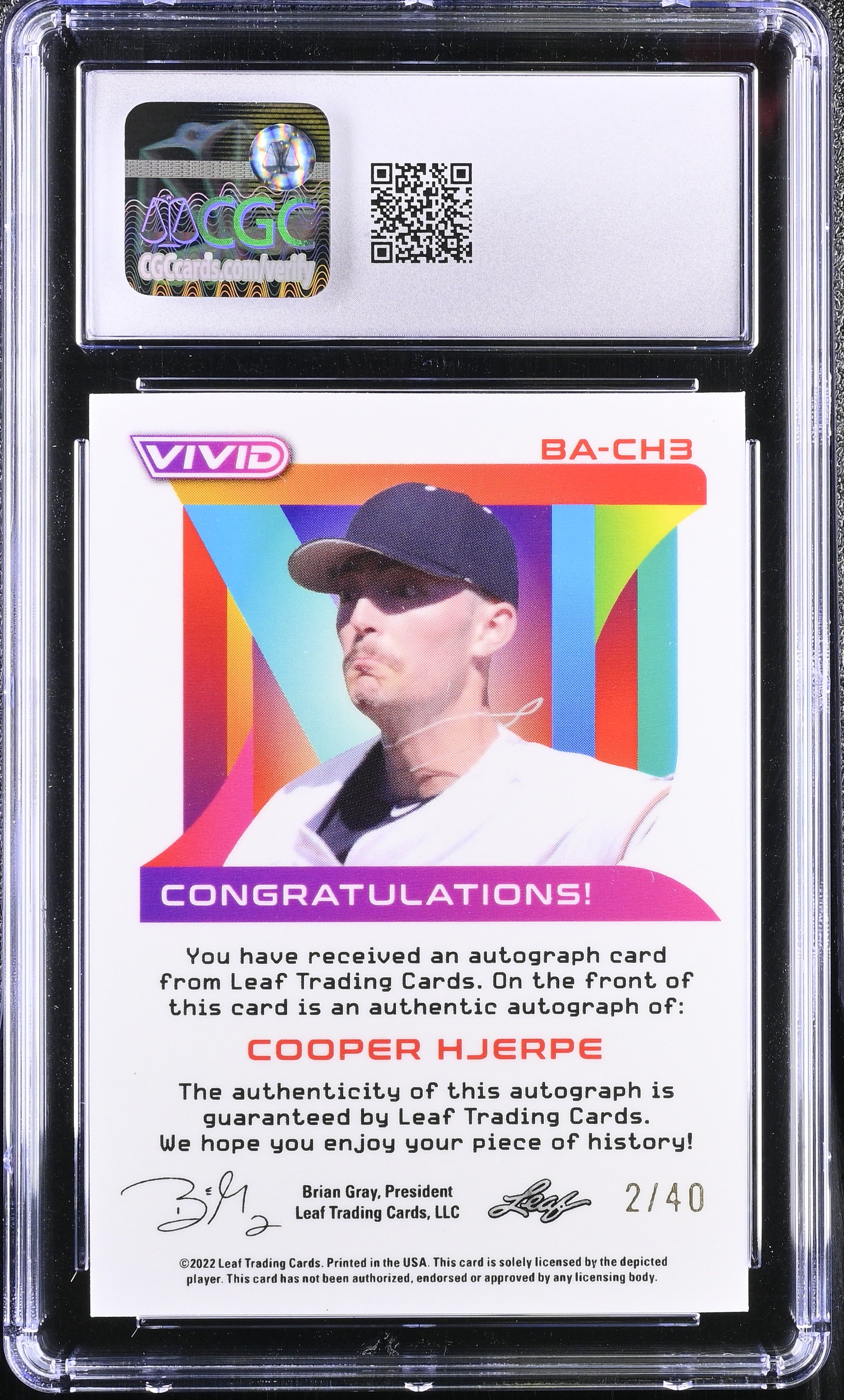 2022 Vivid Cooper Hjerpe #BA-CH3 Gray Auto 2/40 Baseball CGC 10