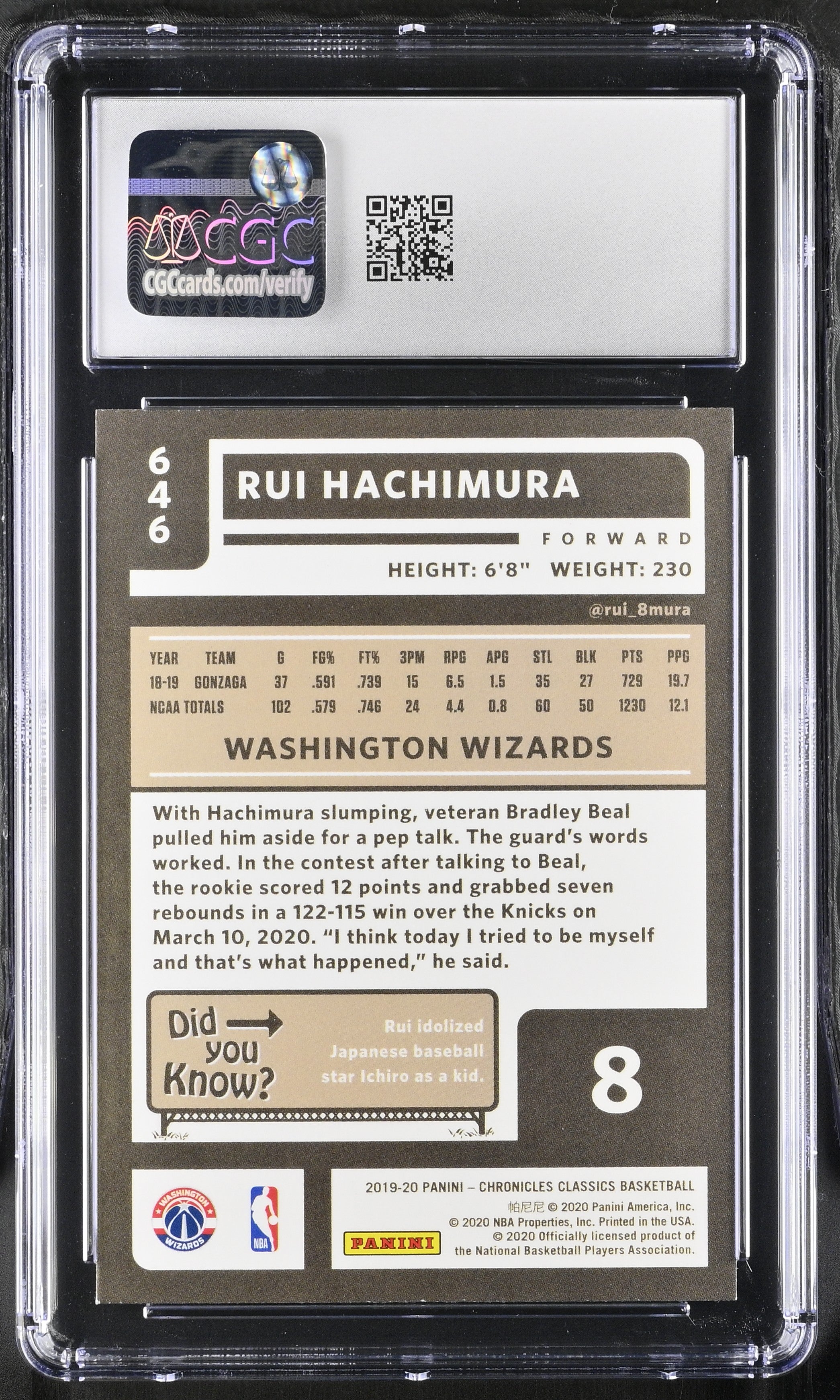 2019-20 Panini Chronicles Rui Hachimura #646 Basketball CGC 9