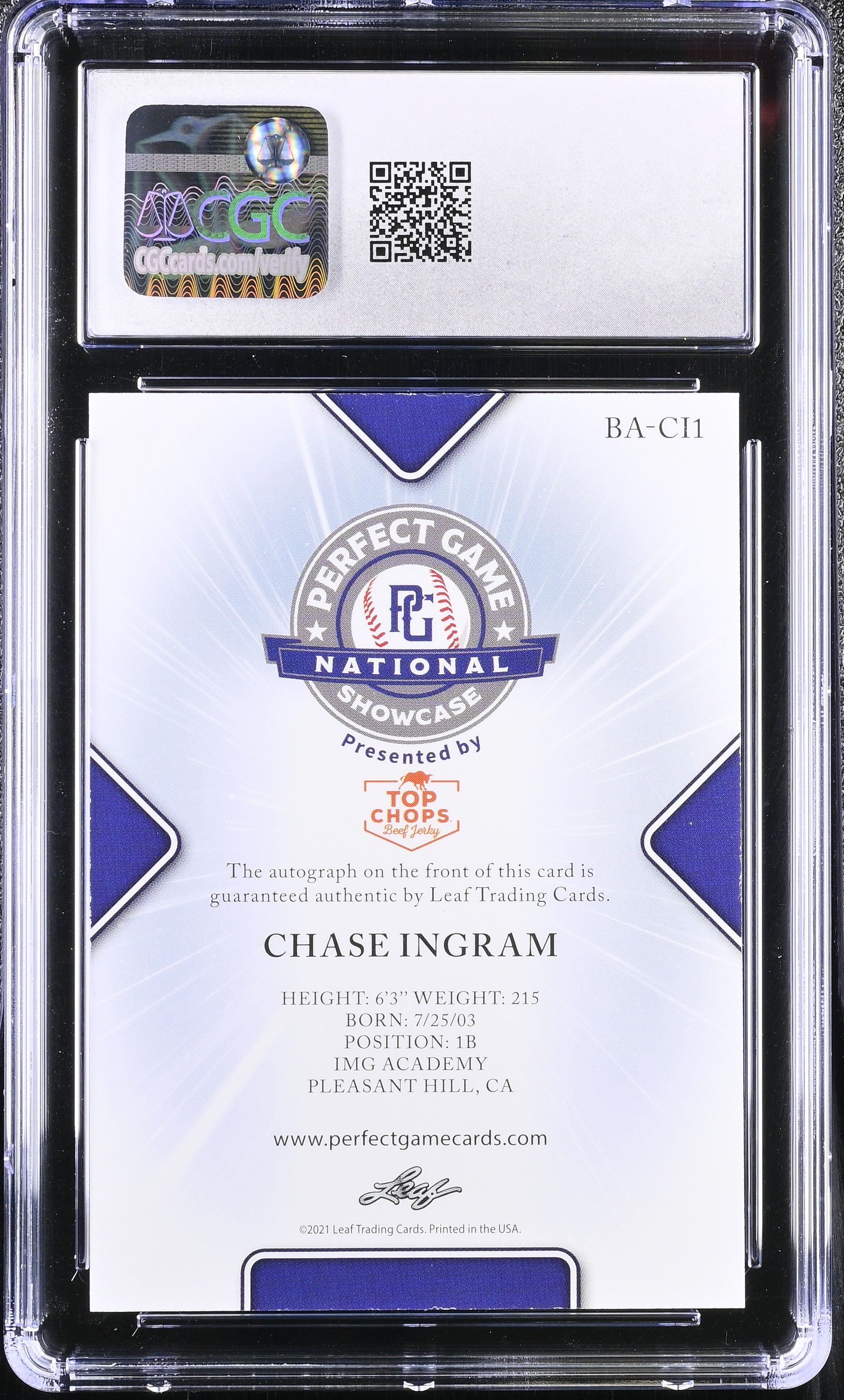 2021 Perfect Game Showcase Chase Ingram #BA-CI1 Blue 5/15 Baseball CGC 8.5