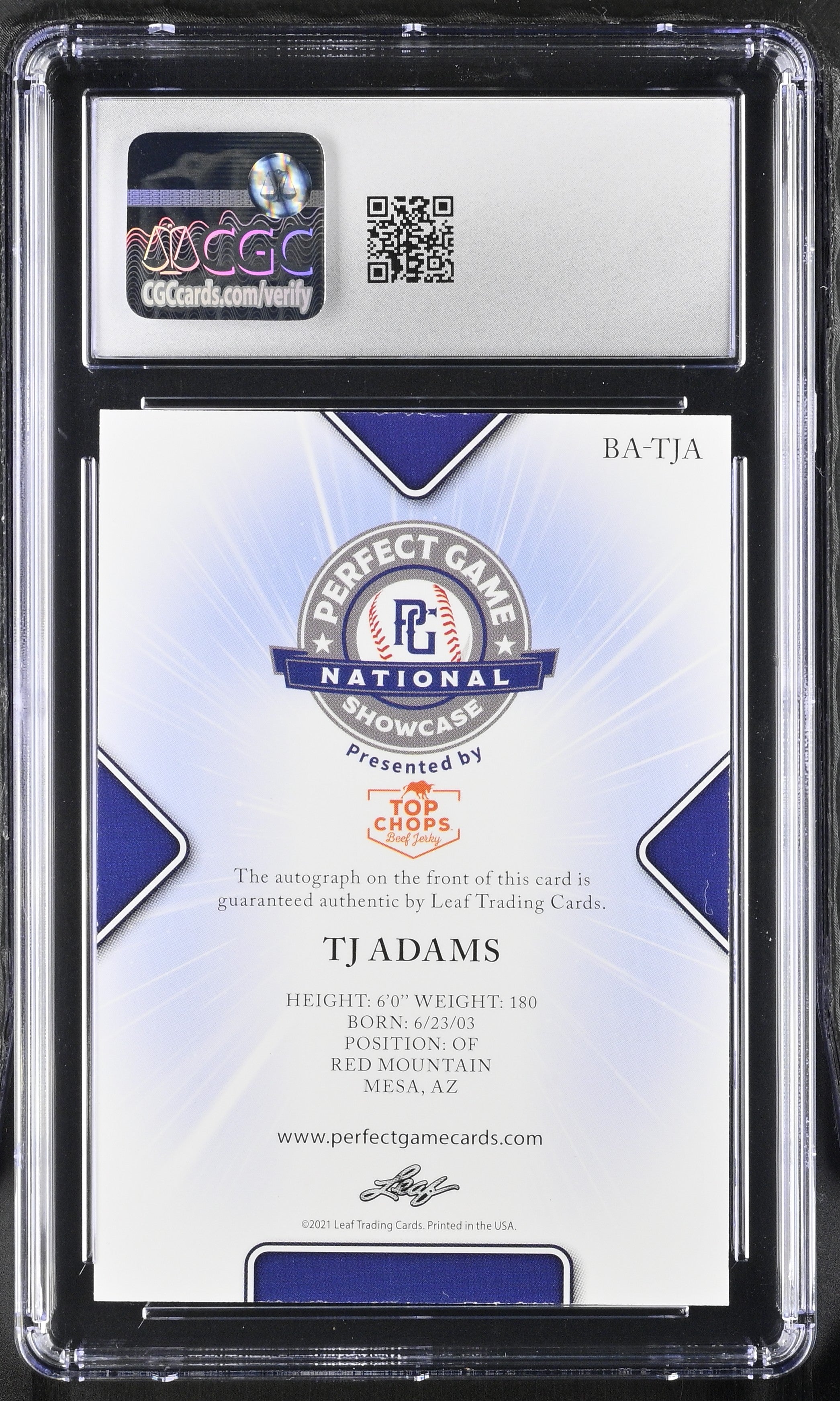 2021 Leaf Perfect Game Showcase TJ Adams #BA-TJA Black Auto 37/50  CGC 8.5