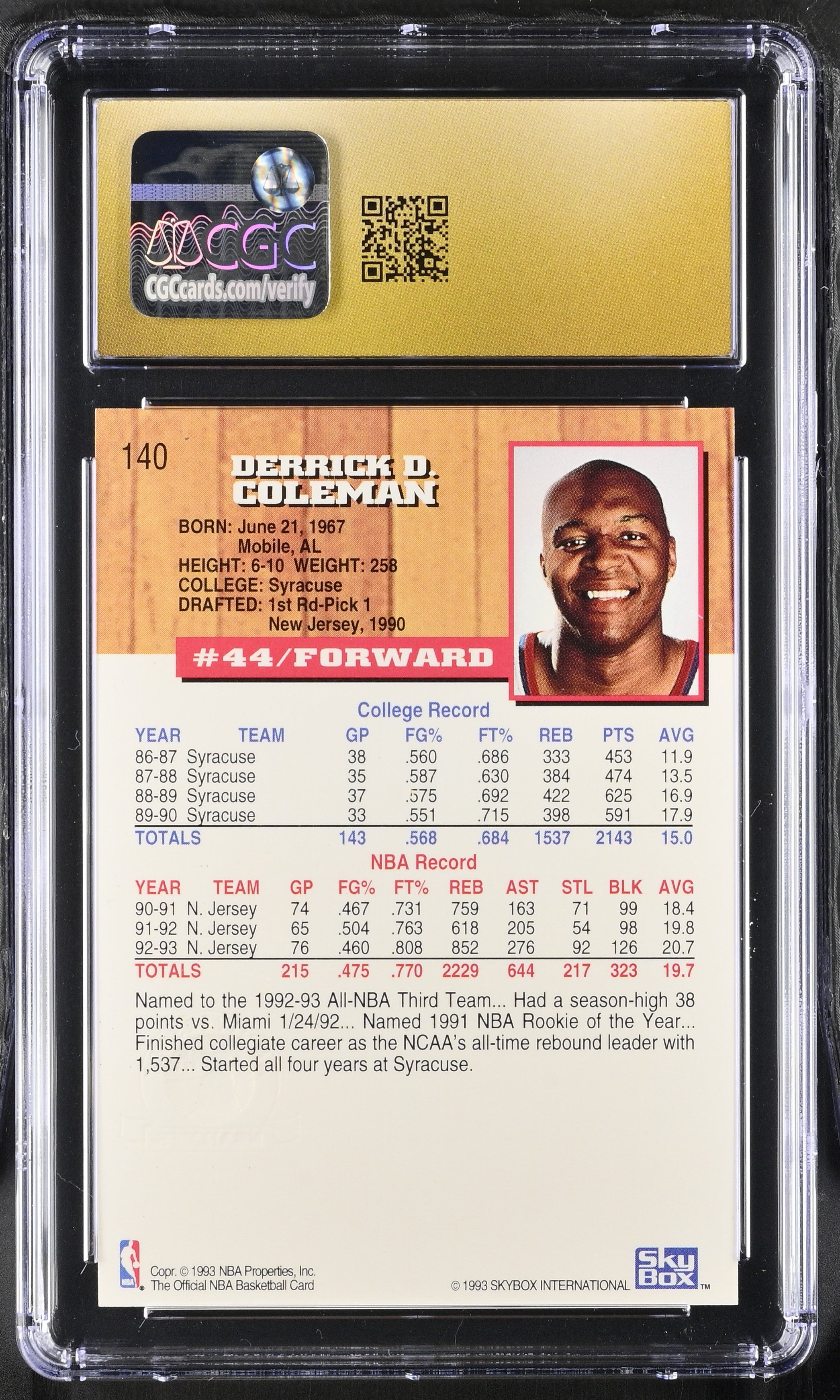 1993-94 Hoops Derrick Coleman #140 5th Anniversary Basketball CGC 10