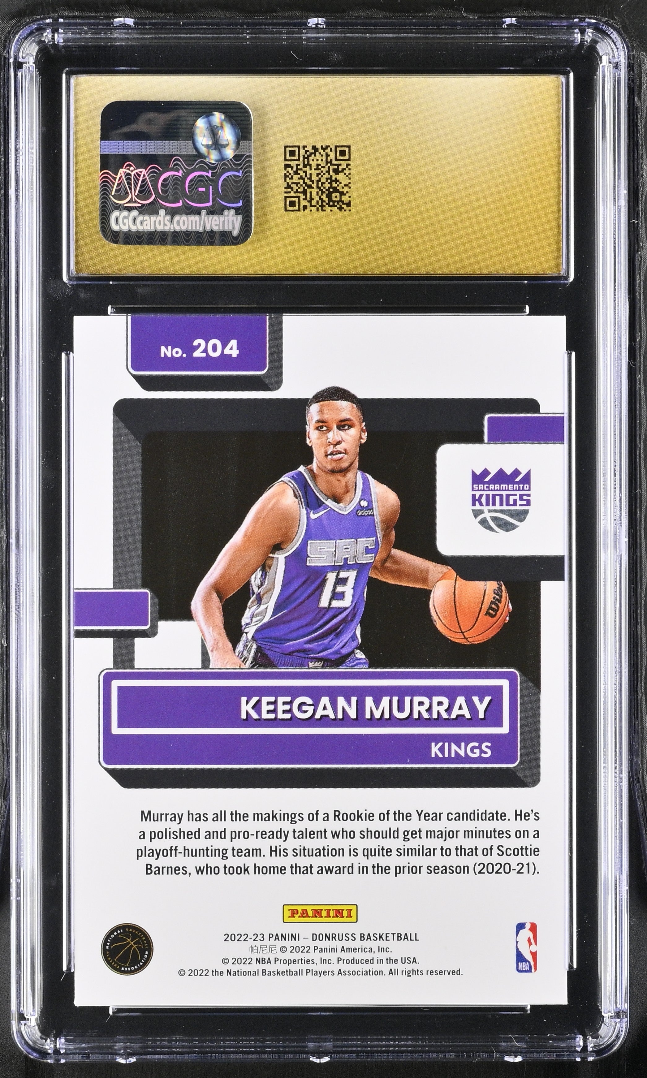 2022-23 Donruss Keegan Murray #204 Rated Rookie Basketball CGC Pristine 10