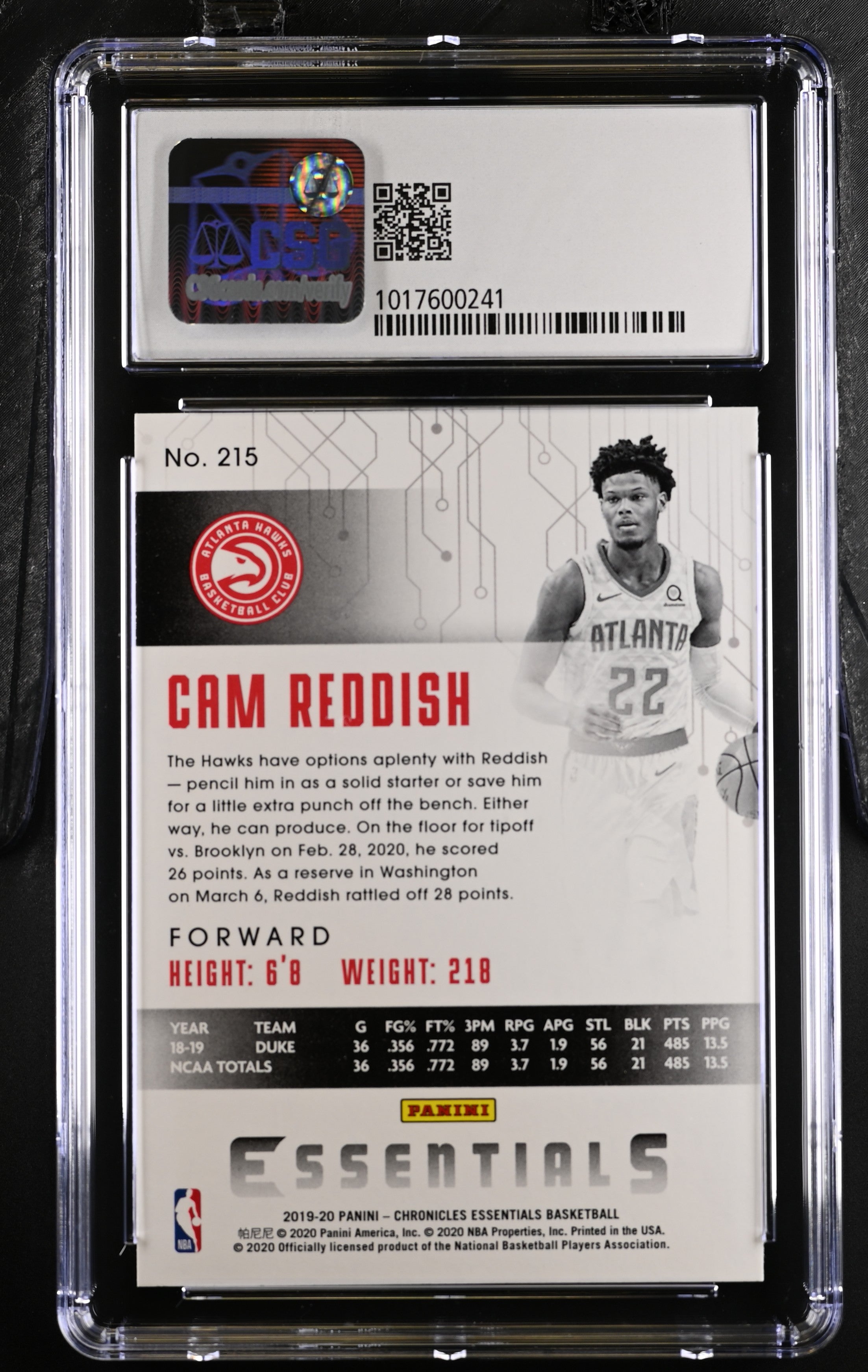 2019 Chronicles Cam Reddish #215 Basketball CGC 10