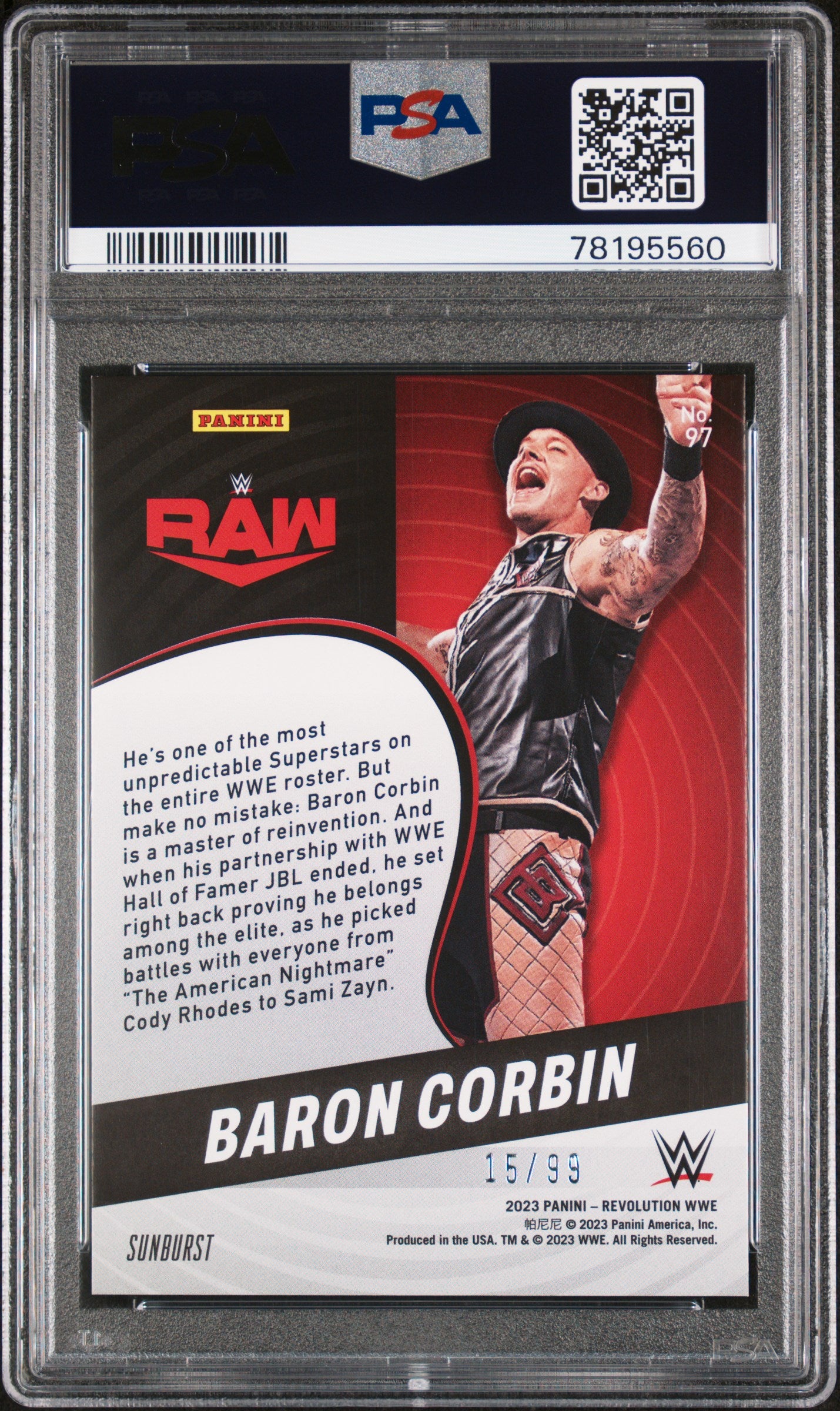 2023 Panini Revolution WWE Baron Corbin #97 Sunburst 15/99 Wrestling PSA 9