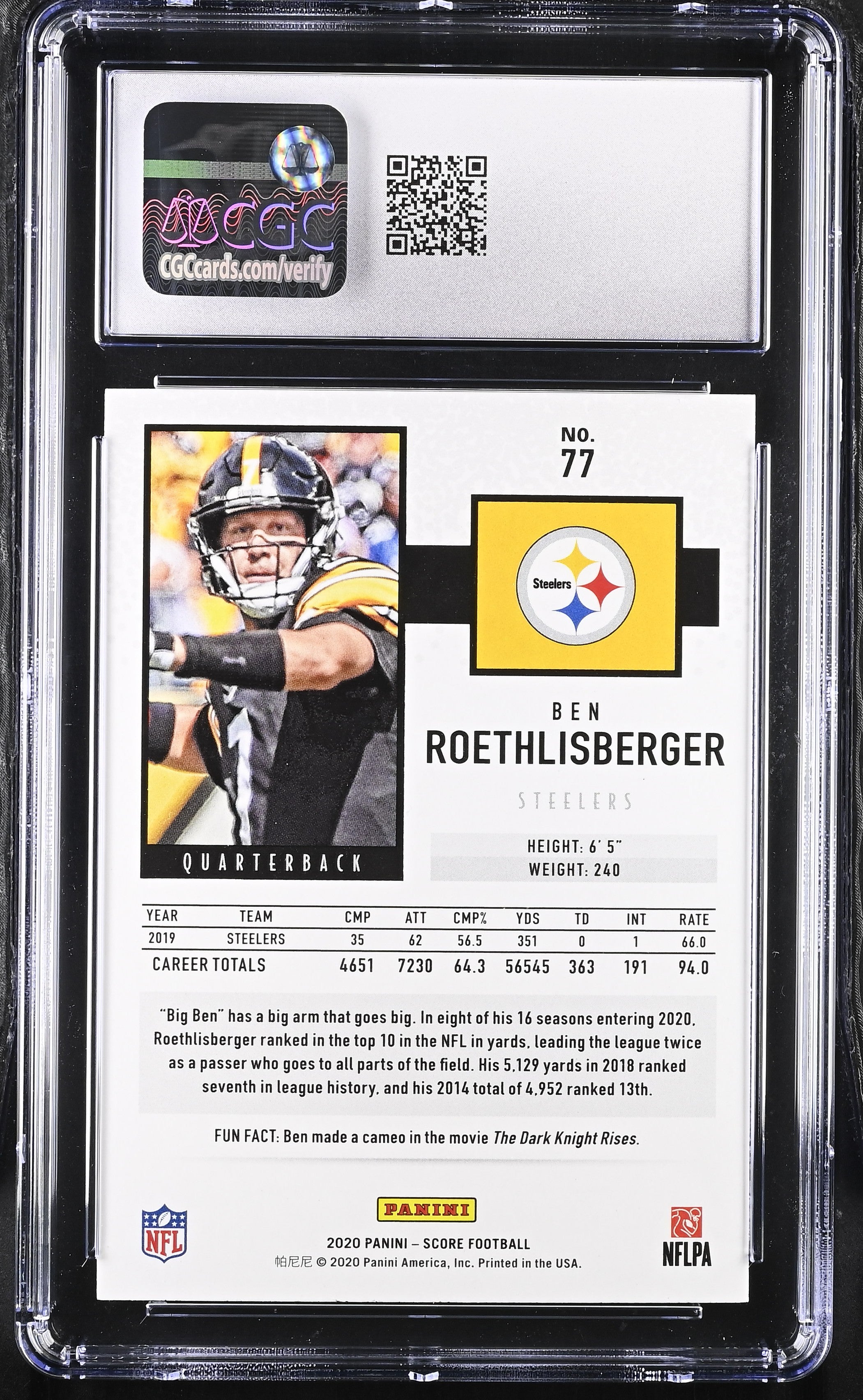 2020 Score Ben Roethlisberger #77 Football CGC 10