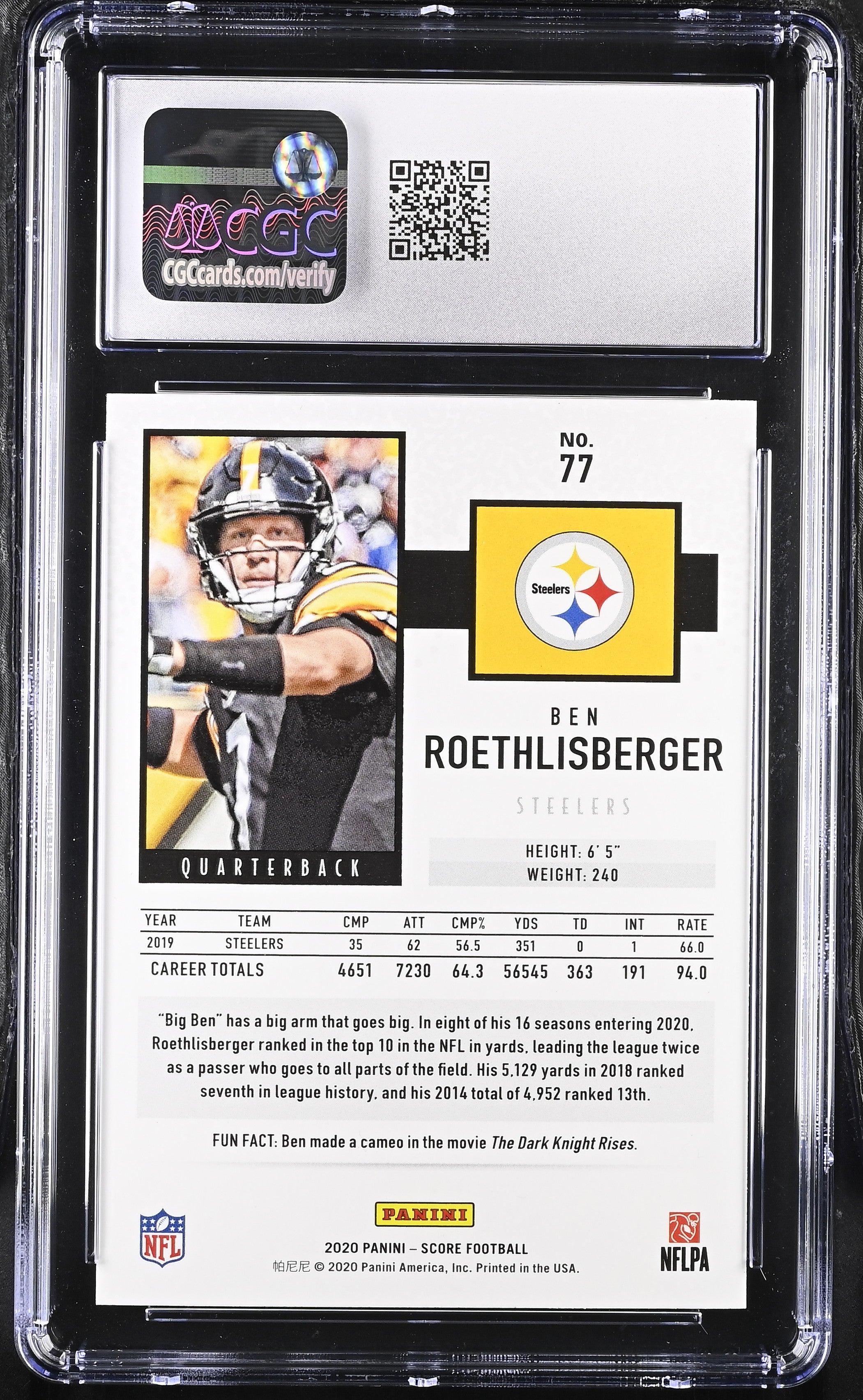 2020 Score Ben Roethlisberger #77 Football CGC 10