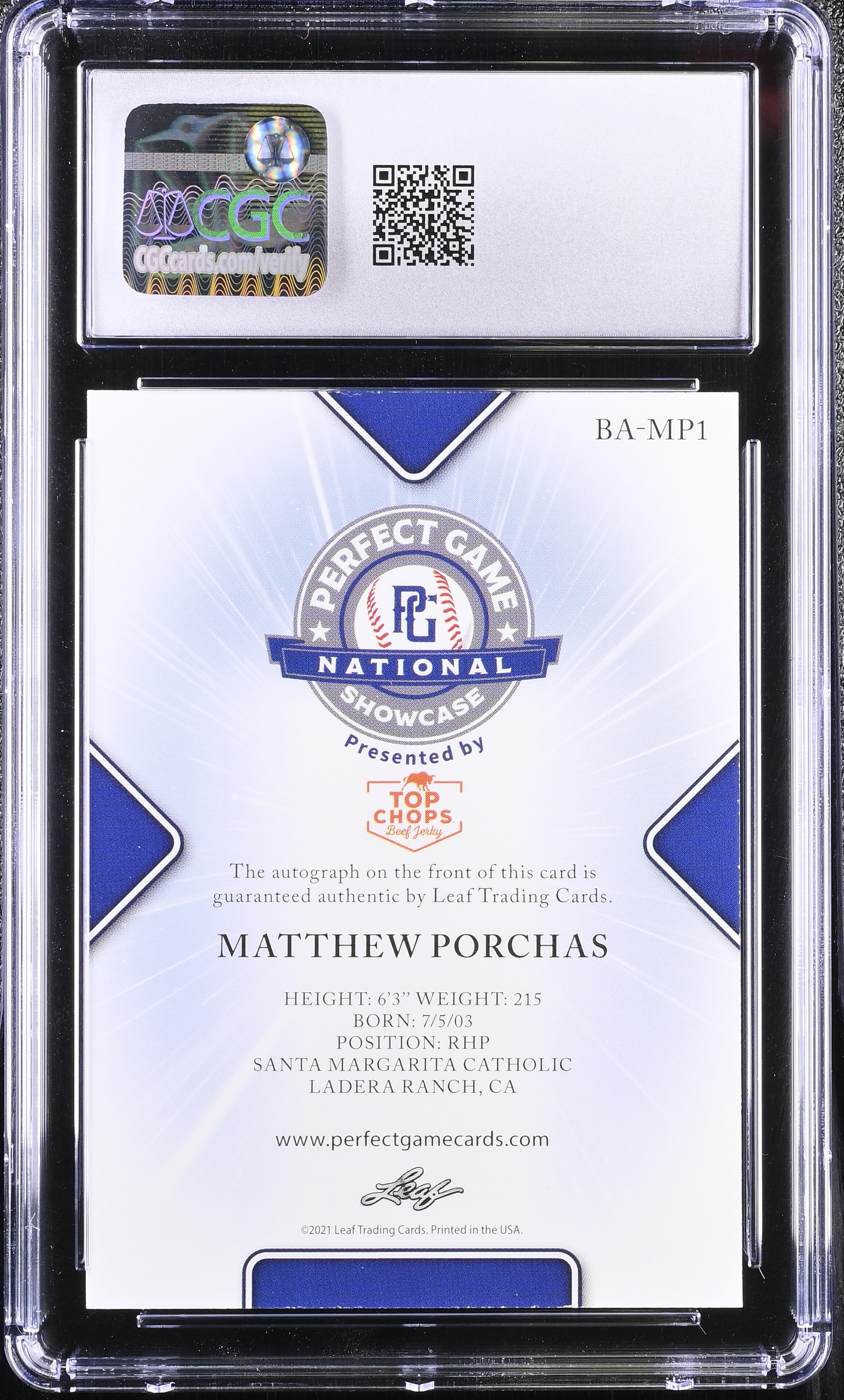 2021 Perfect Game Showcase Matthew Porchas #BA-MP1 Orange 3/30 Baseball CGC 9