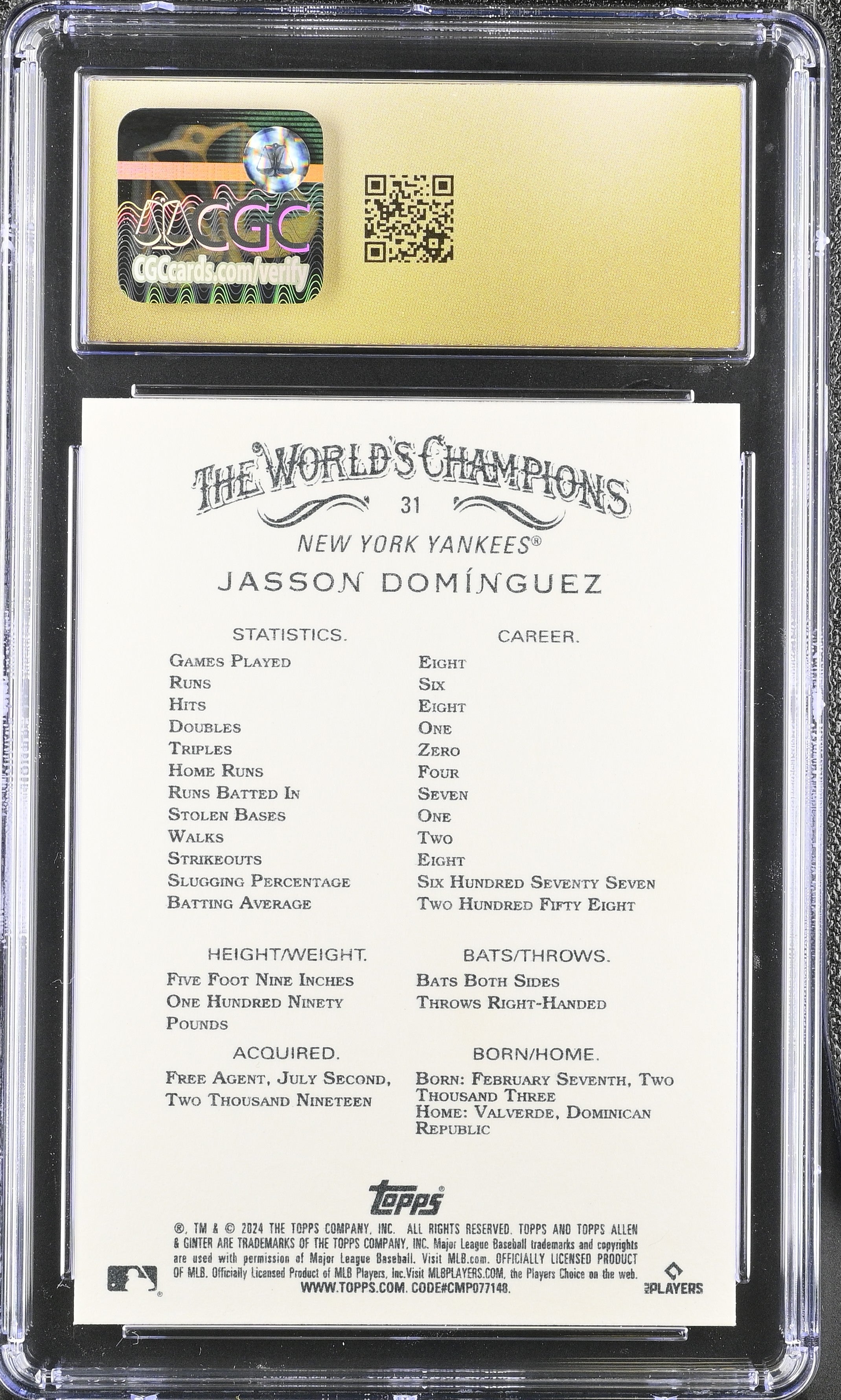 2024 Topps Allen & Ginter Jasson Dominguez #31 Baseball CGC 10