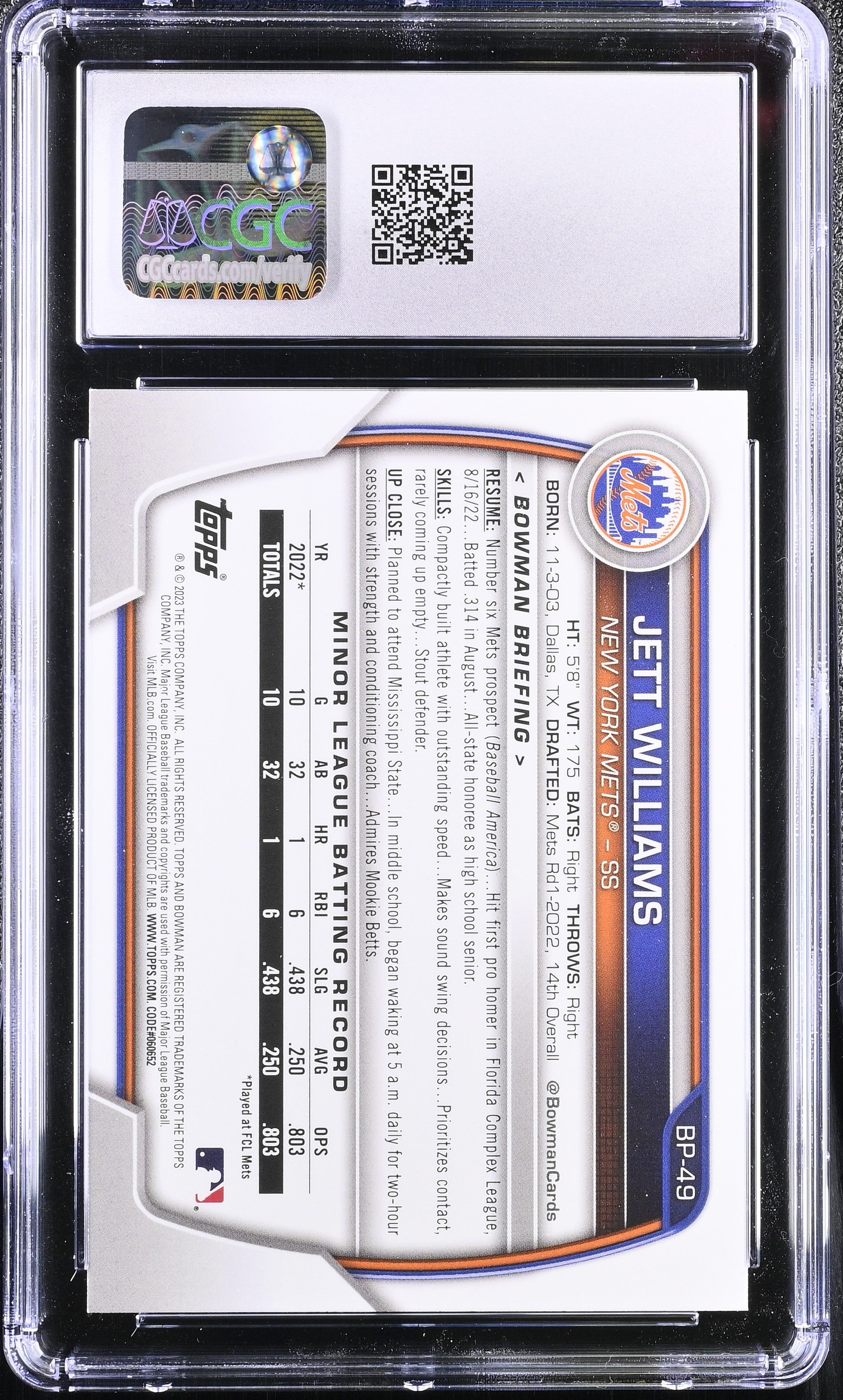 2023 Bowman Jett Williams #BP-49 Purple 175/250 Baseball CGC 9