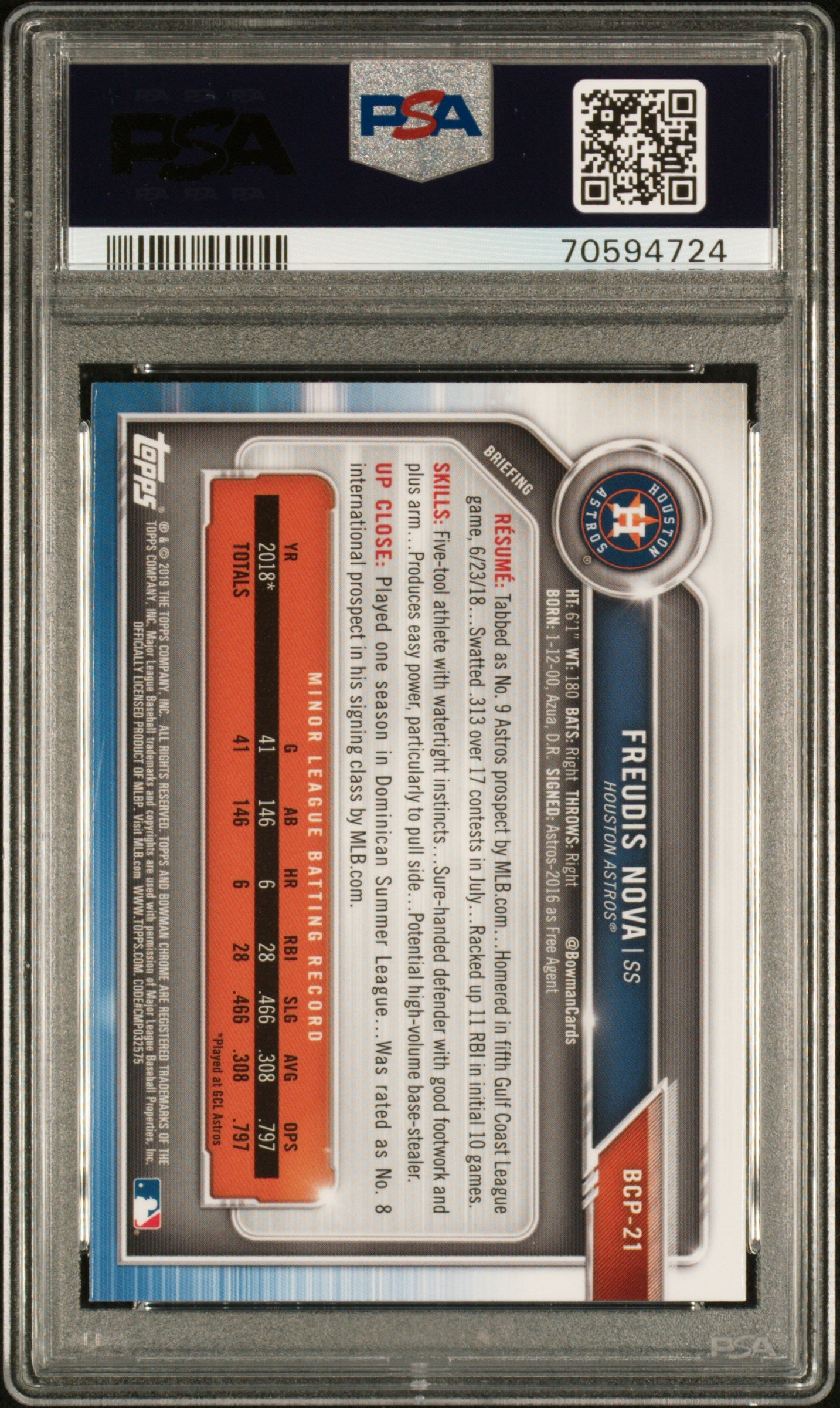 2019 Bowman Prospects Chrome Freudis Nova #21 Prospects Chrome Baseball PSA 10