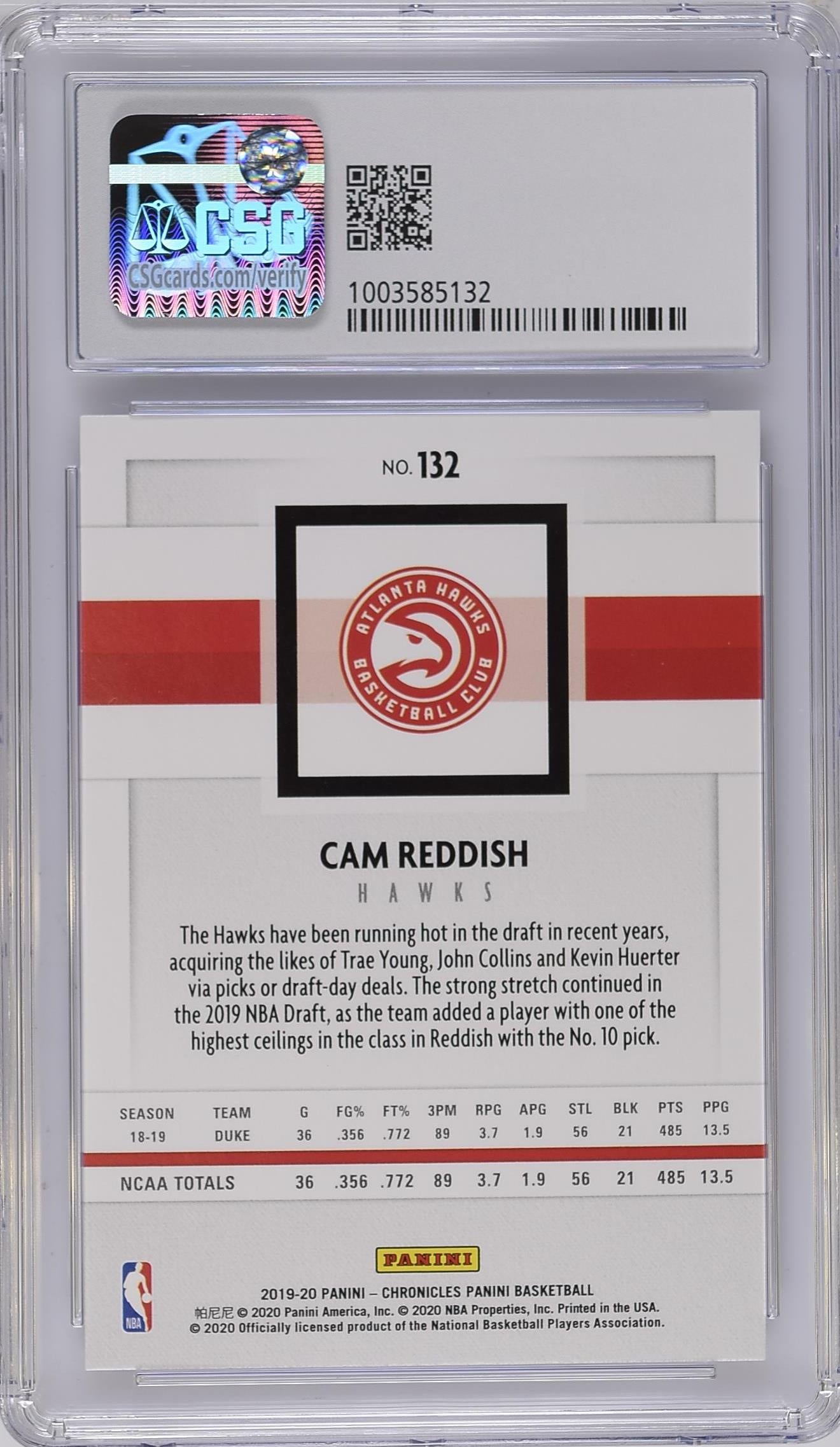 2019 Chronicles Cam Reddish #132 Basketball CGC 10