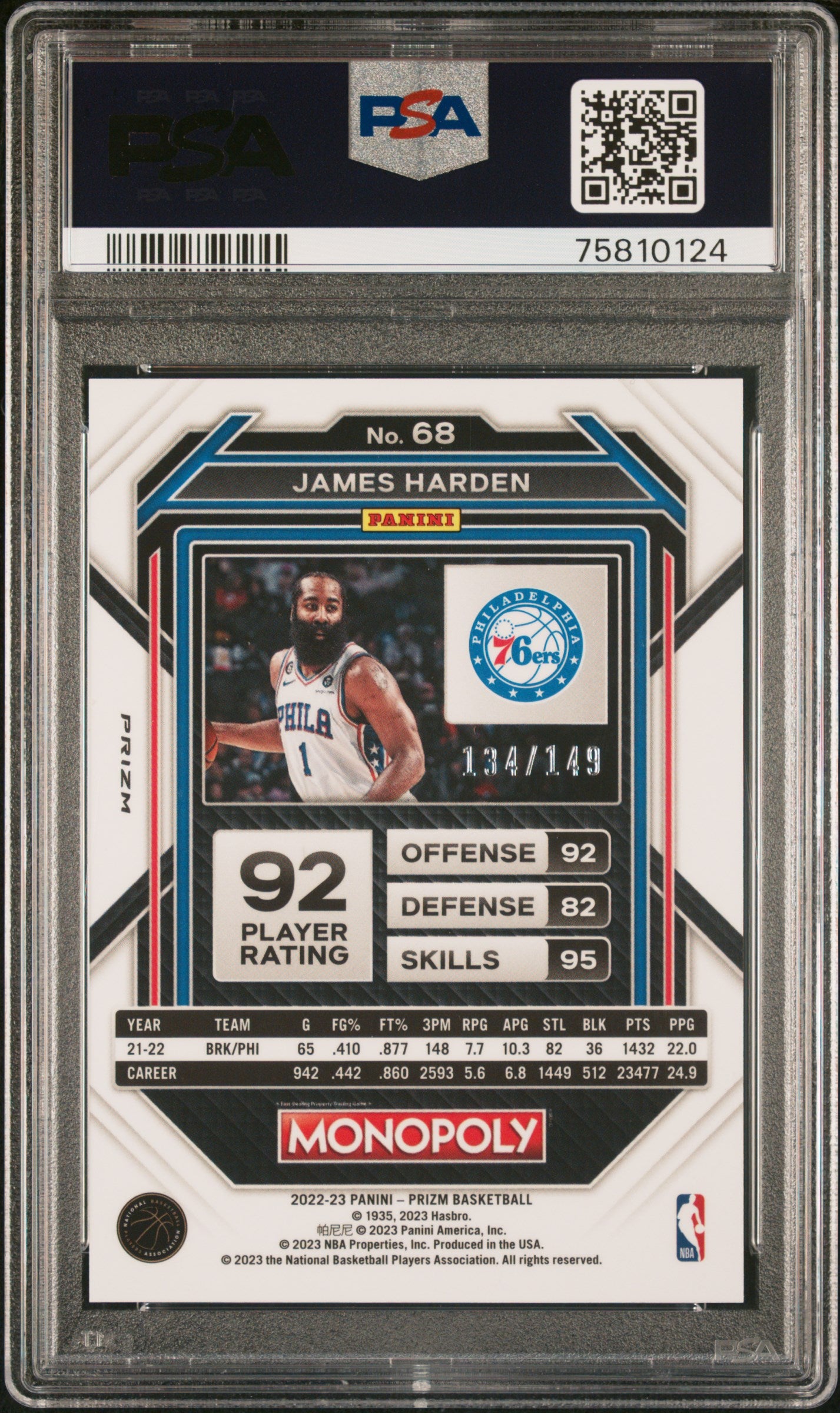 2022 Panini Prizm Monopoly James Harden #68 Pink 134/149 Basketball PSA 9