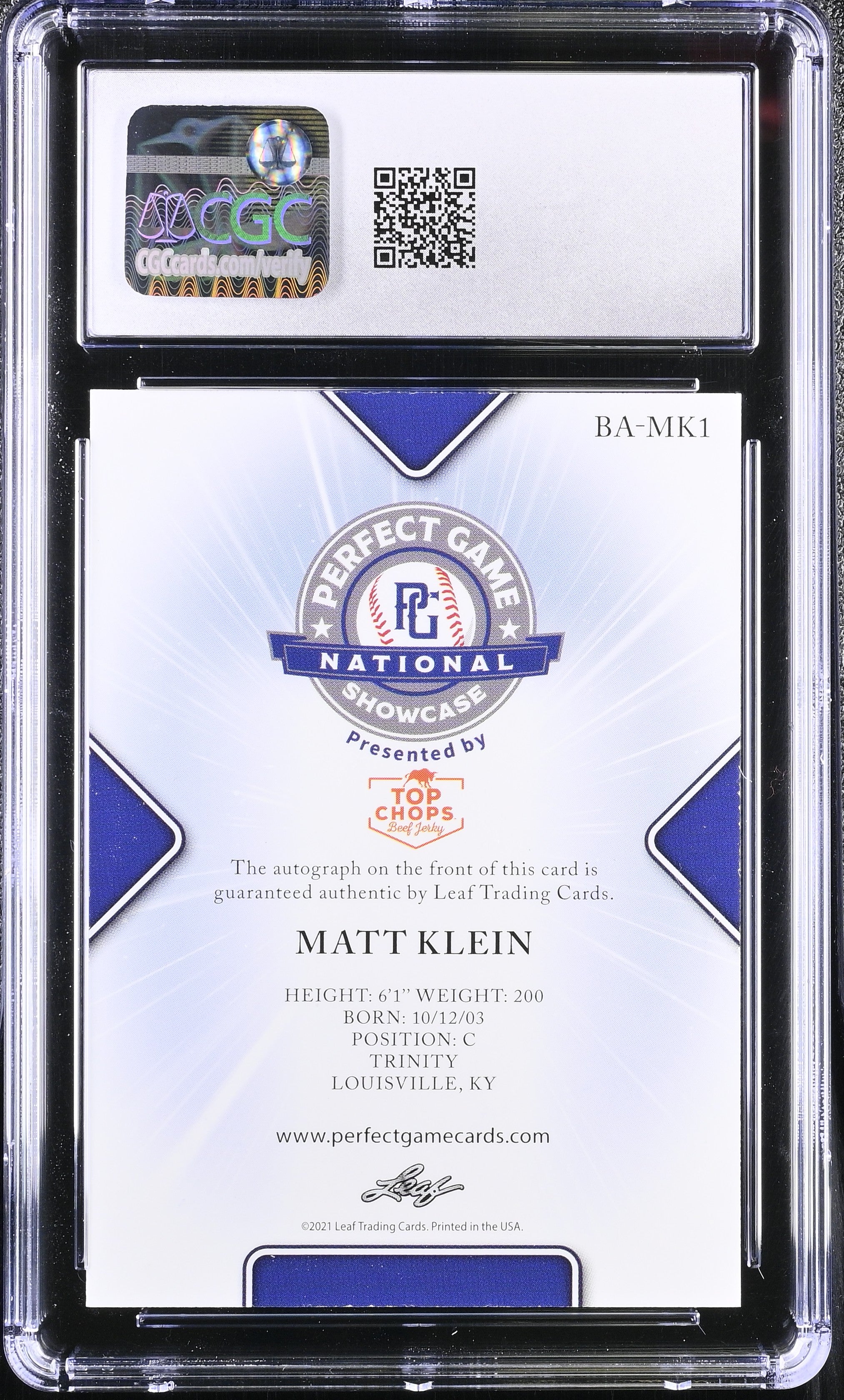 2021 Perfect Game Showcase Matt Klein #BA-MK1 Black 41/50 Baseball CGC 9