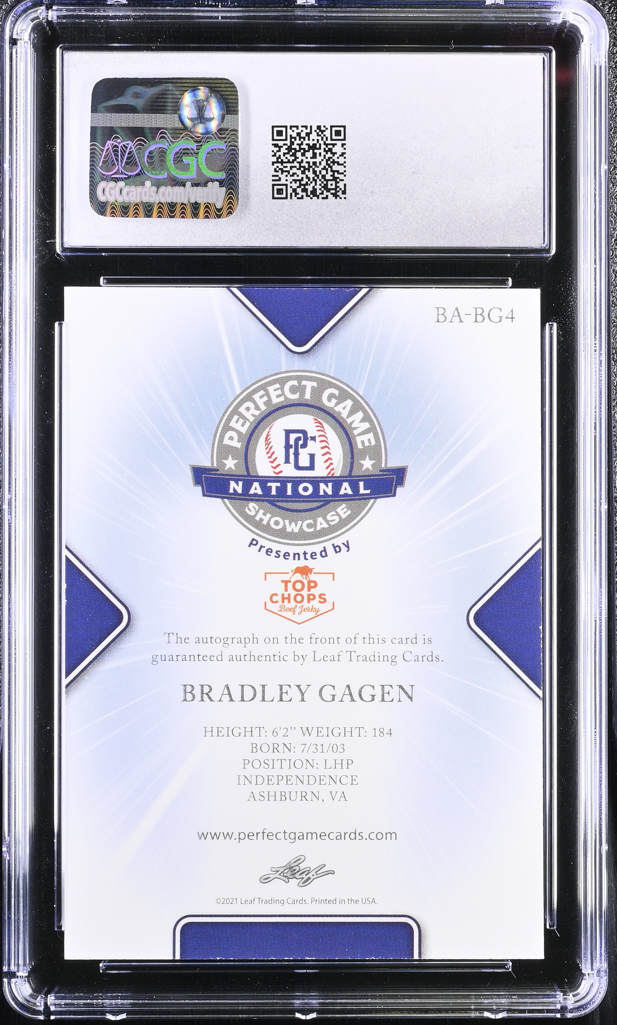 2021 Perfect Game Showcase Bradley Gagen #BA-BG4 Yellow 12/20 Baseball CGC 9