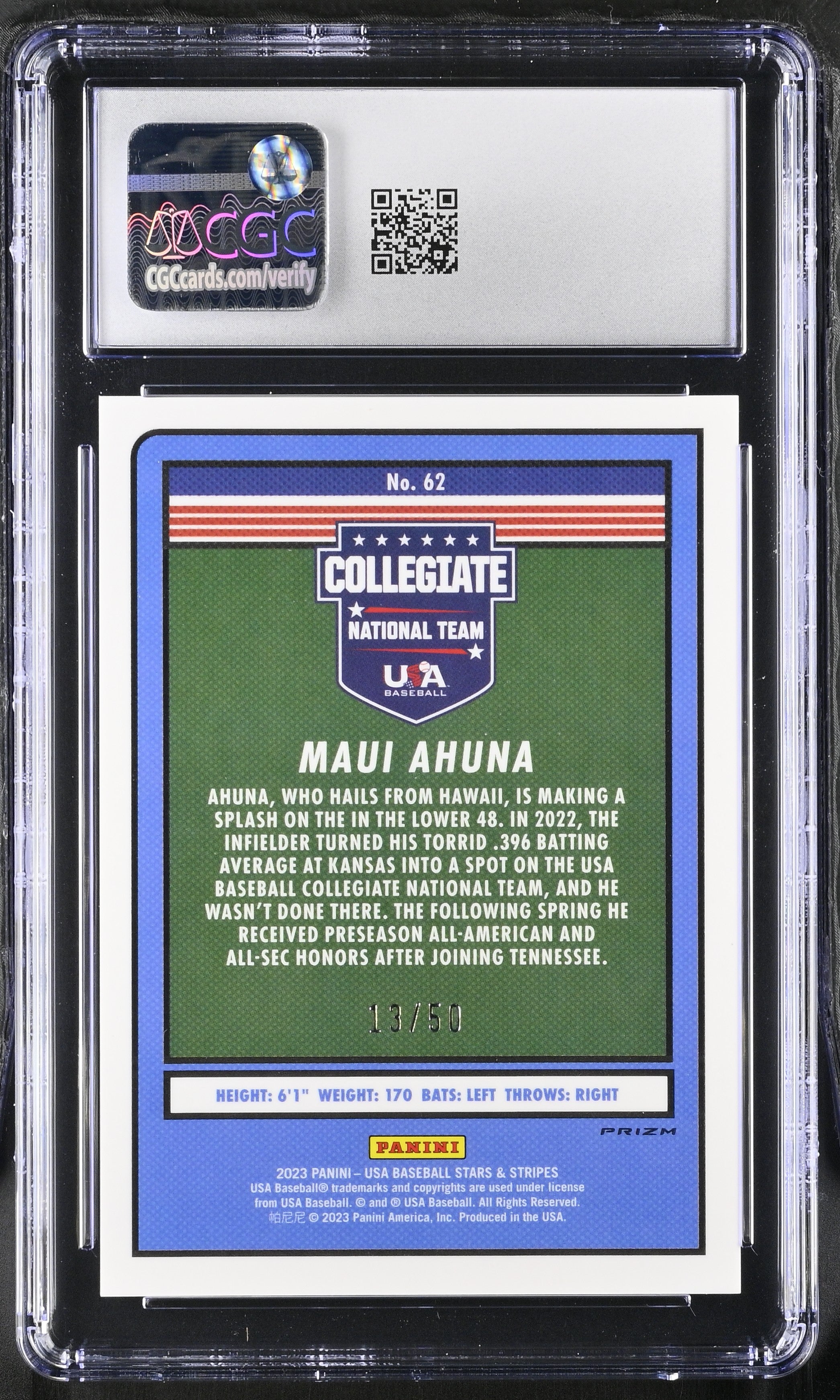 2023 Panini Stars & Stripes Maui Ahuna #62 Team Logo 13/50 Baseball CGC 10