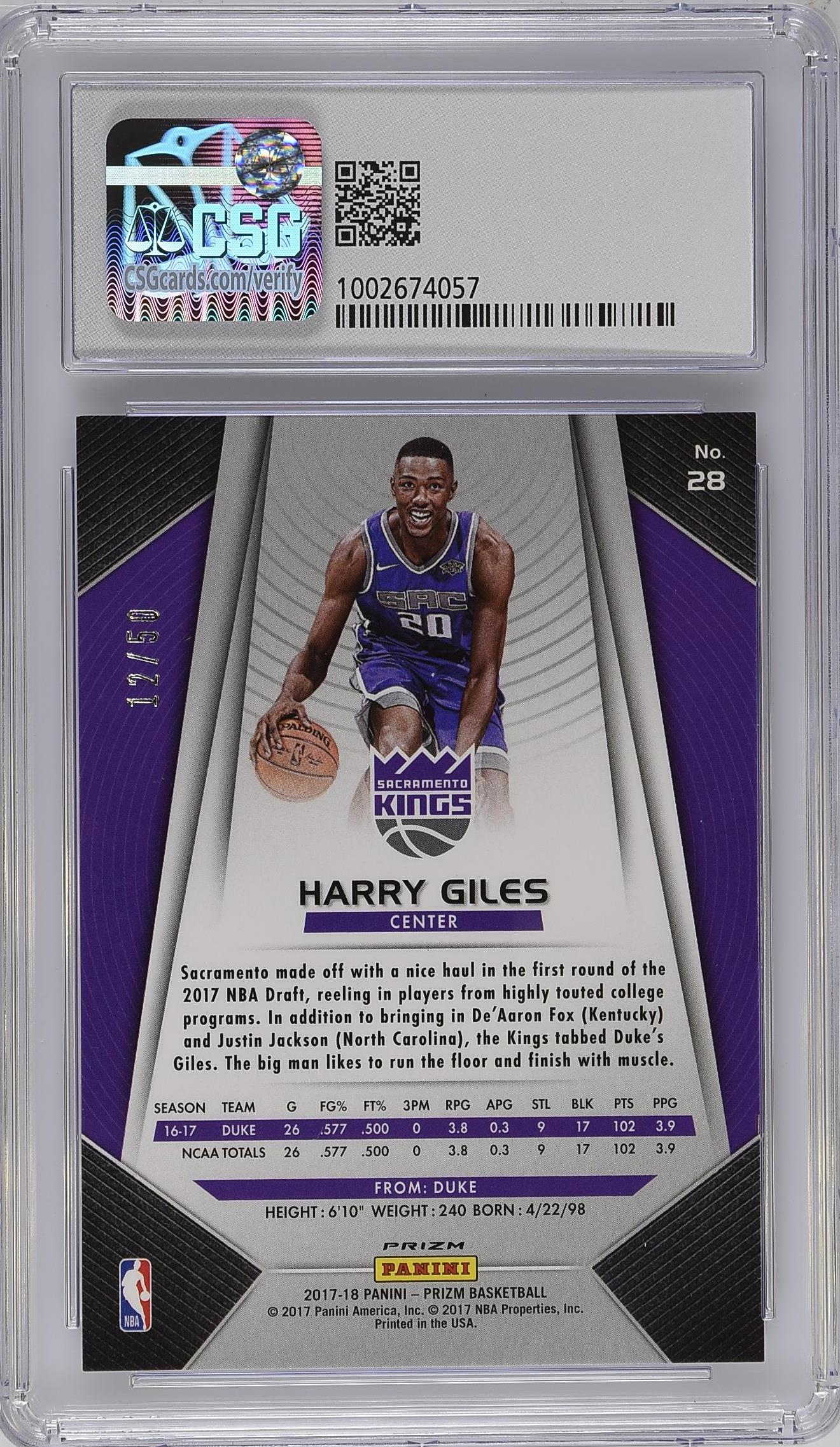 2017 Prizm Harry Giles #28 Pink Fast Break 12/50 Basketball CGC 9