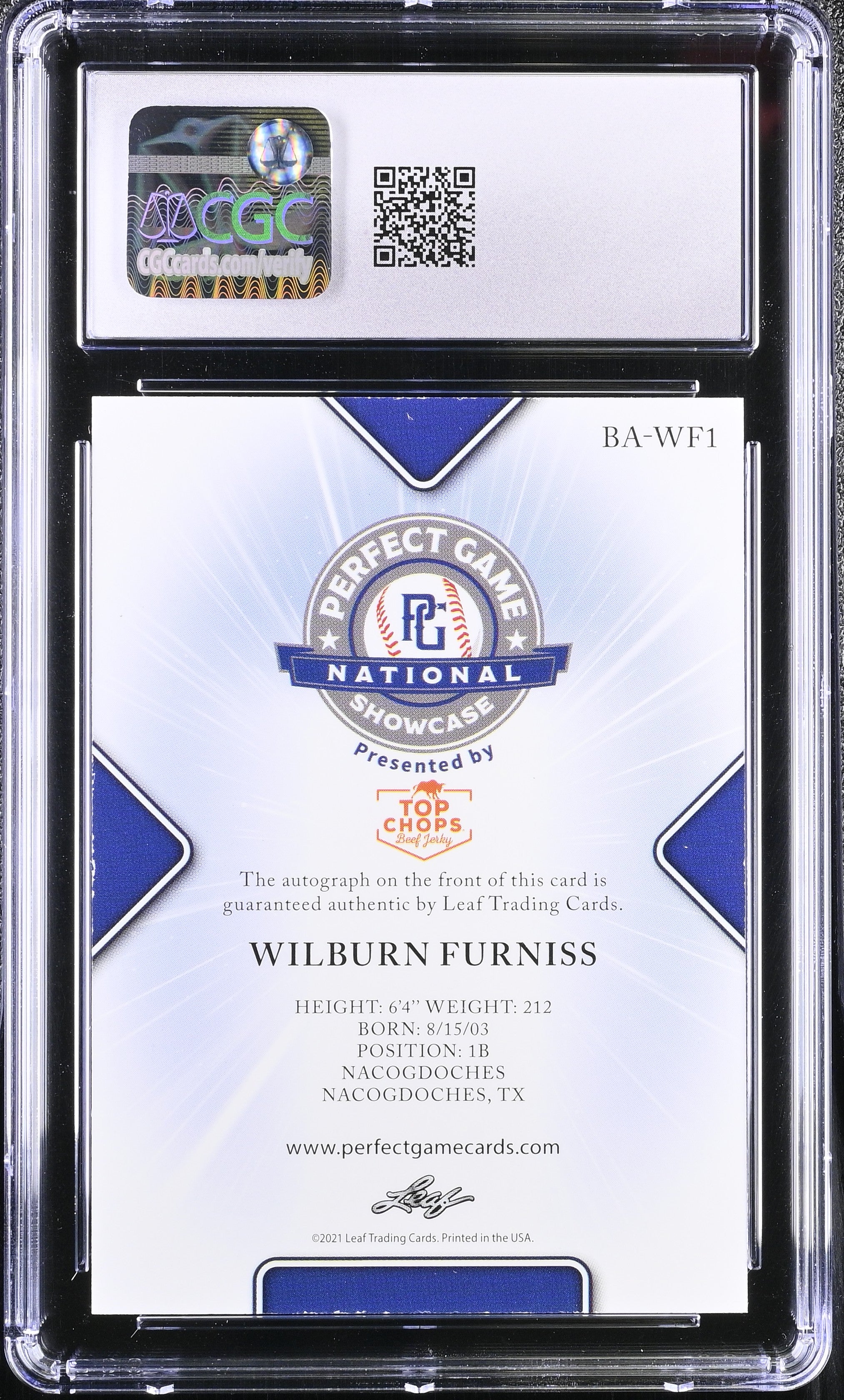 2021 Perfect Game Showcase Wilburn Furniss #BA-WF1 Red 2/5 Baseball CGC 8.5