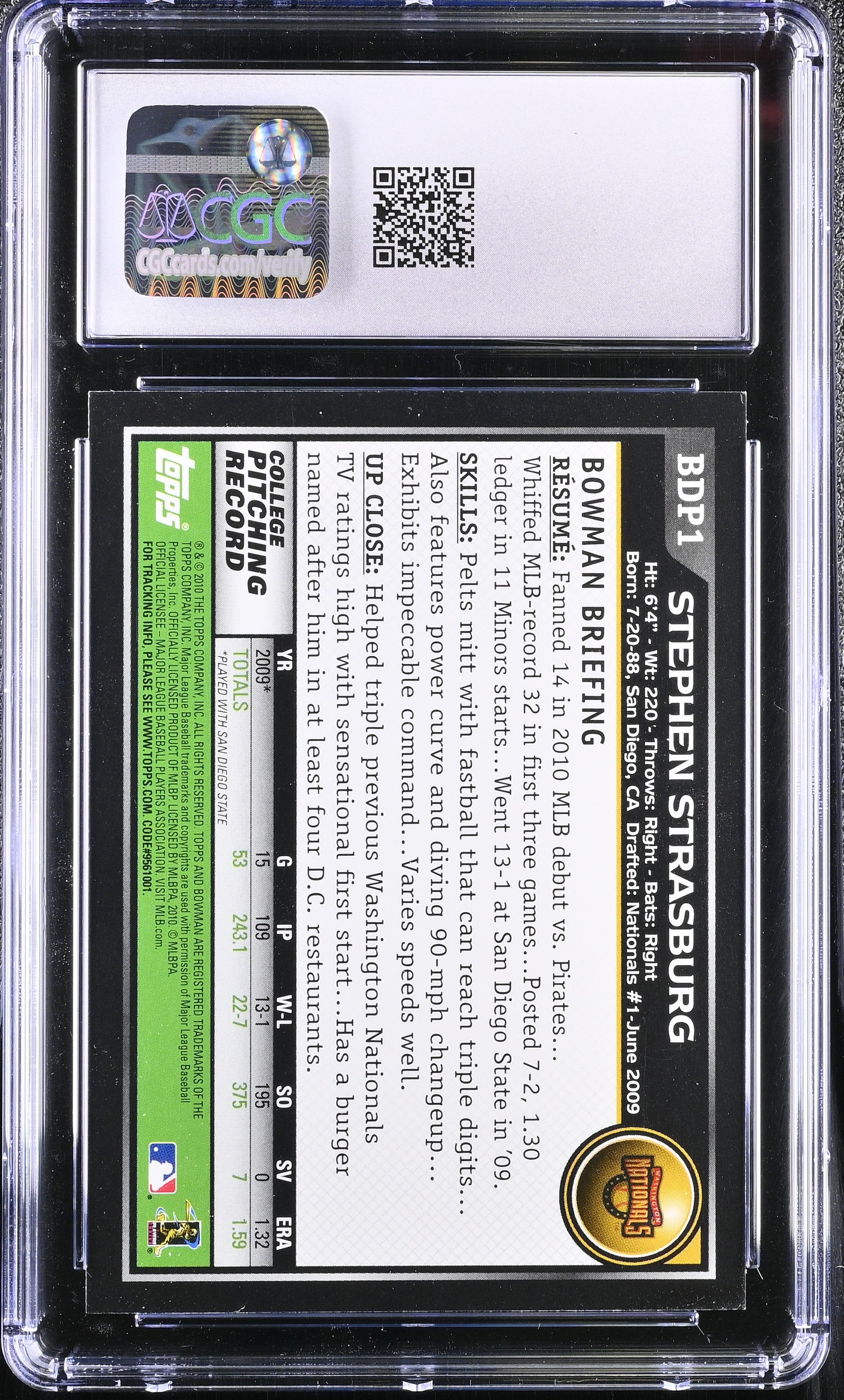 2010 D.P. & Prospects Stephen Strasburg #BDP1 Baseball CGC 8