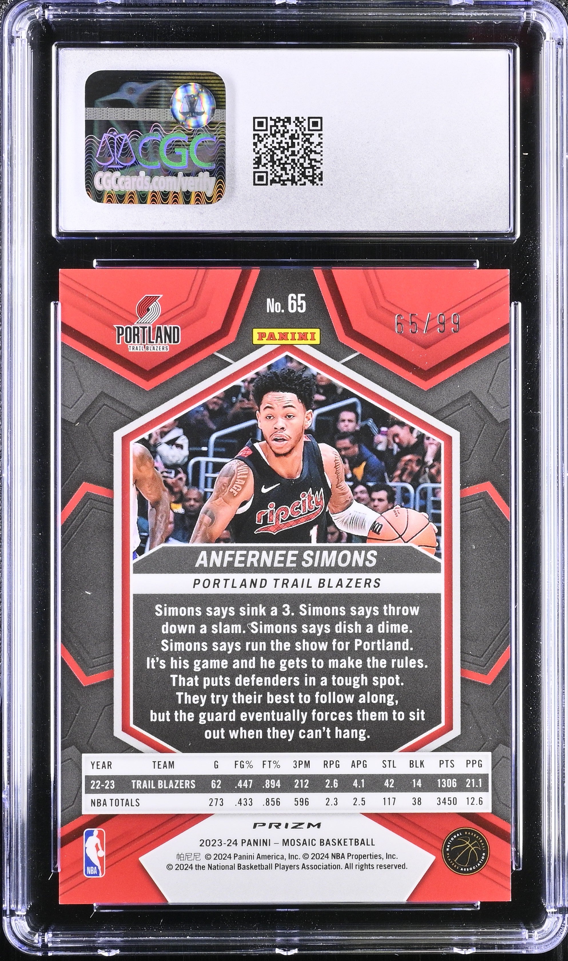 2023 Mosaic Anfernee Simons #65 Purple 65/99 Basketball CGC 10