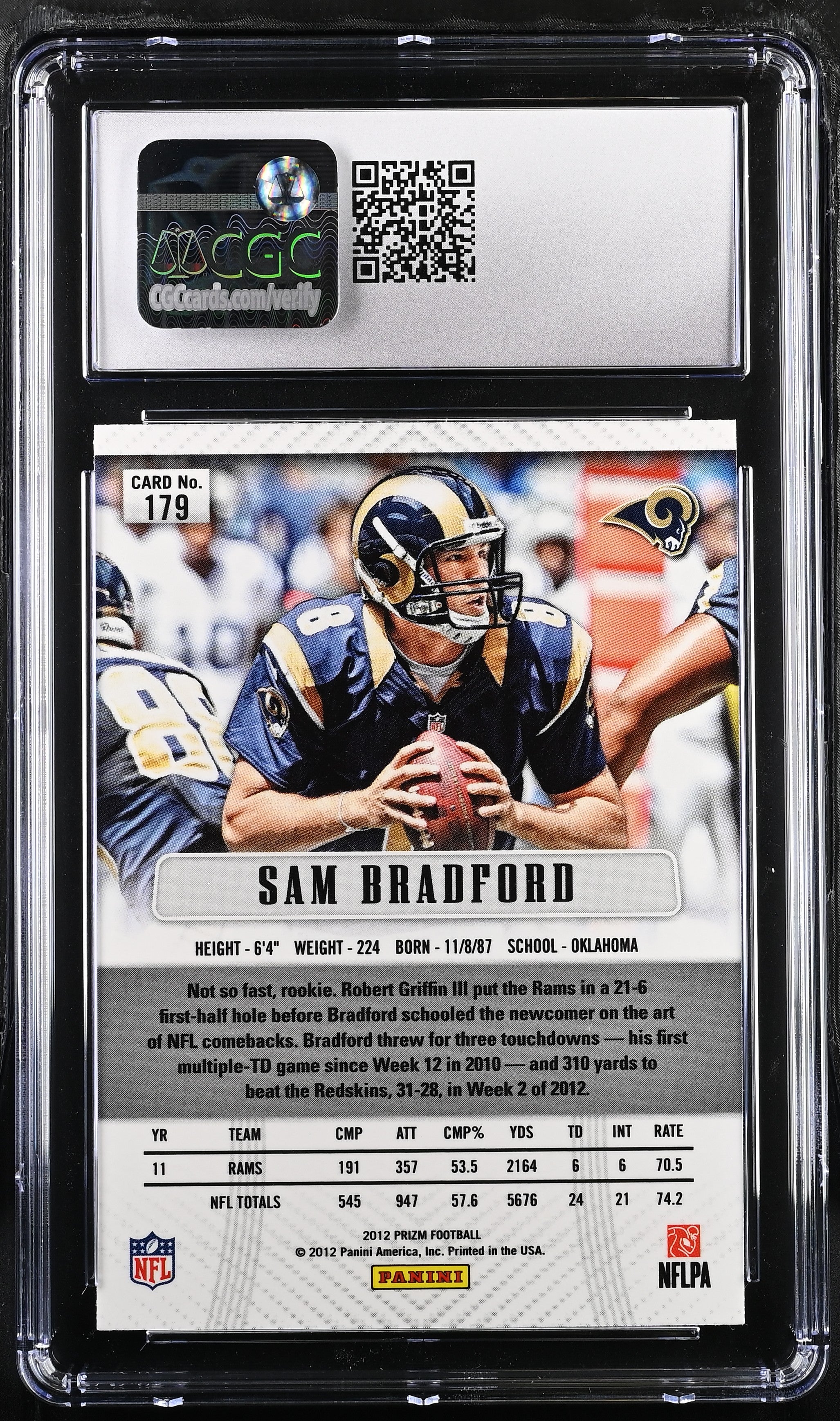 2012 Prizm Sam Bradford #179 Football CGC 9