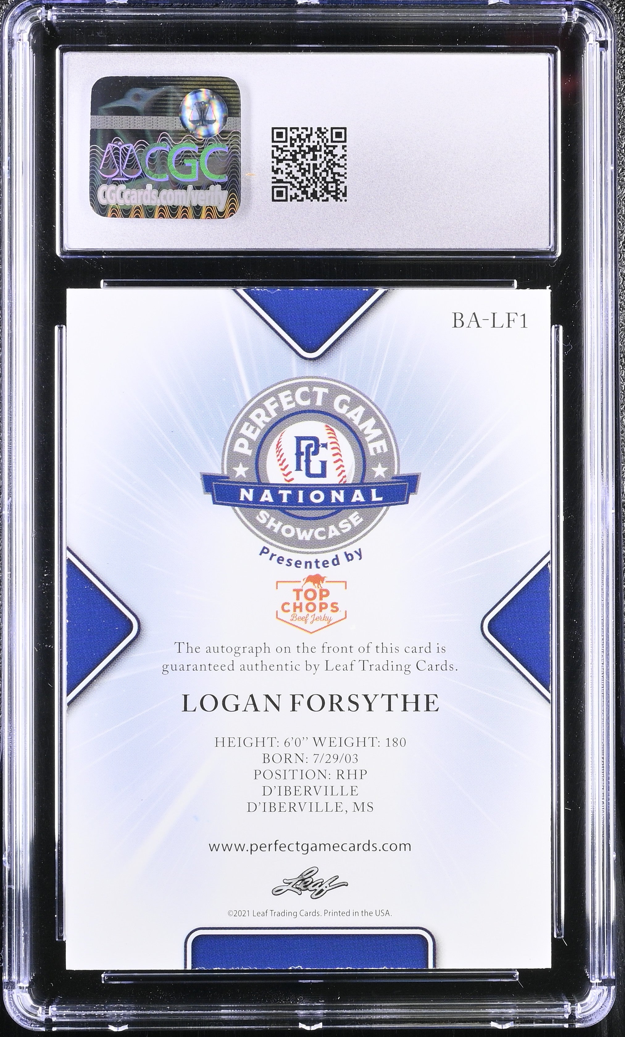 2021 Perfect Game Showcase Logan Forsythe #BA-LF1 Orange Auto 9/30 CGC 9