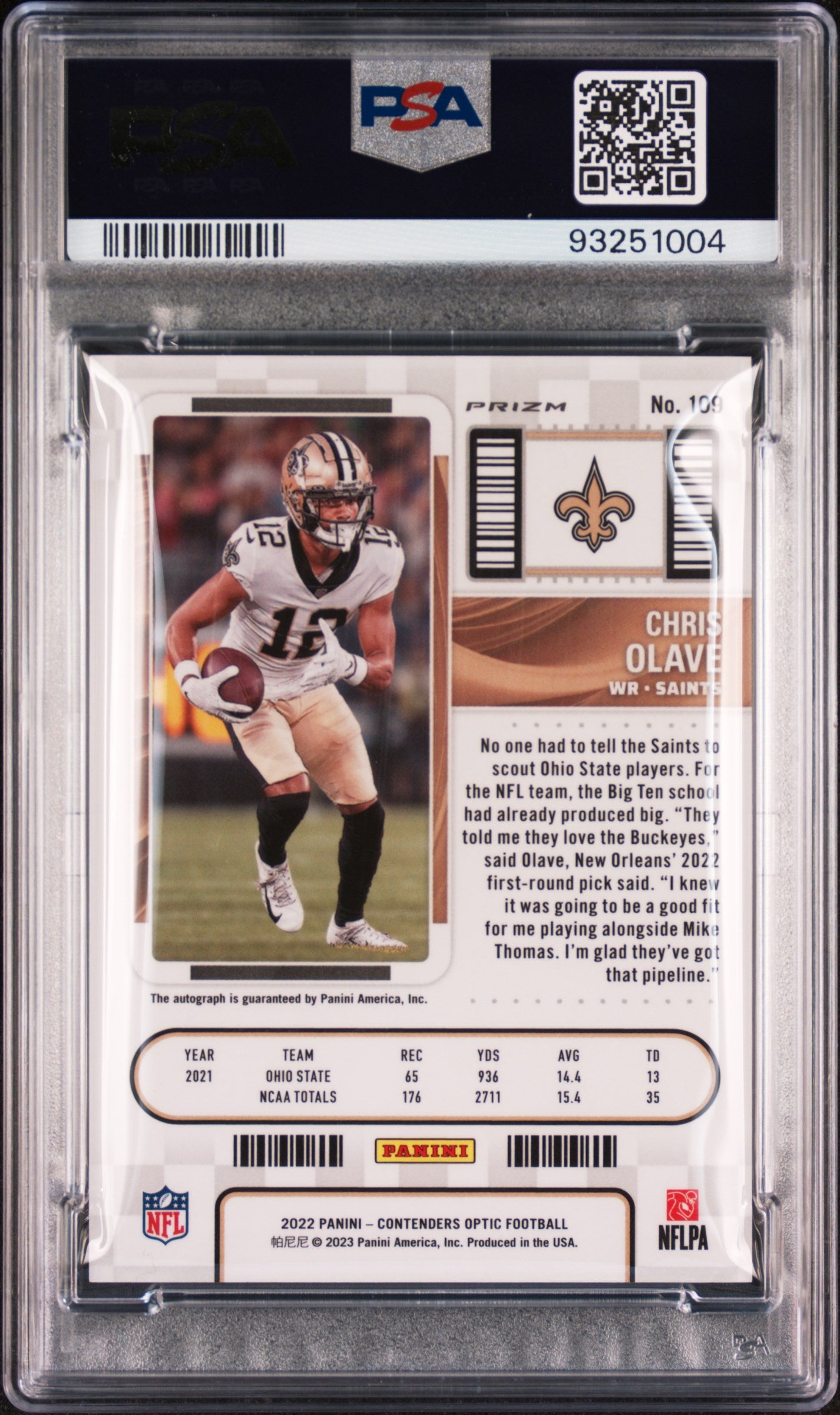 2022 Panini Contenders Optic Chris Olave #109 Autograph Silver Football PSA 9