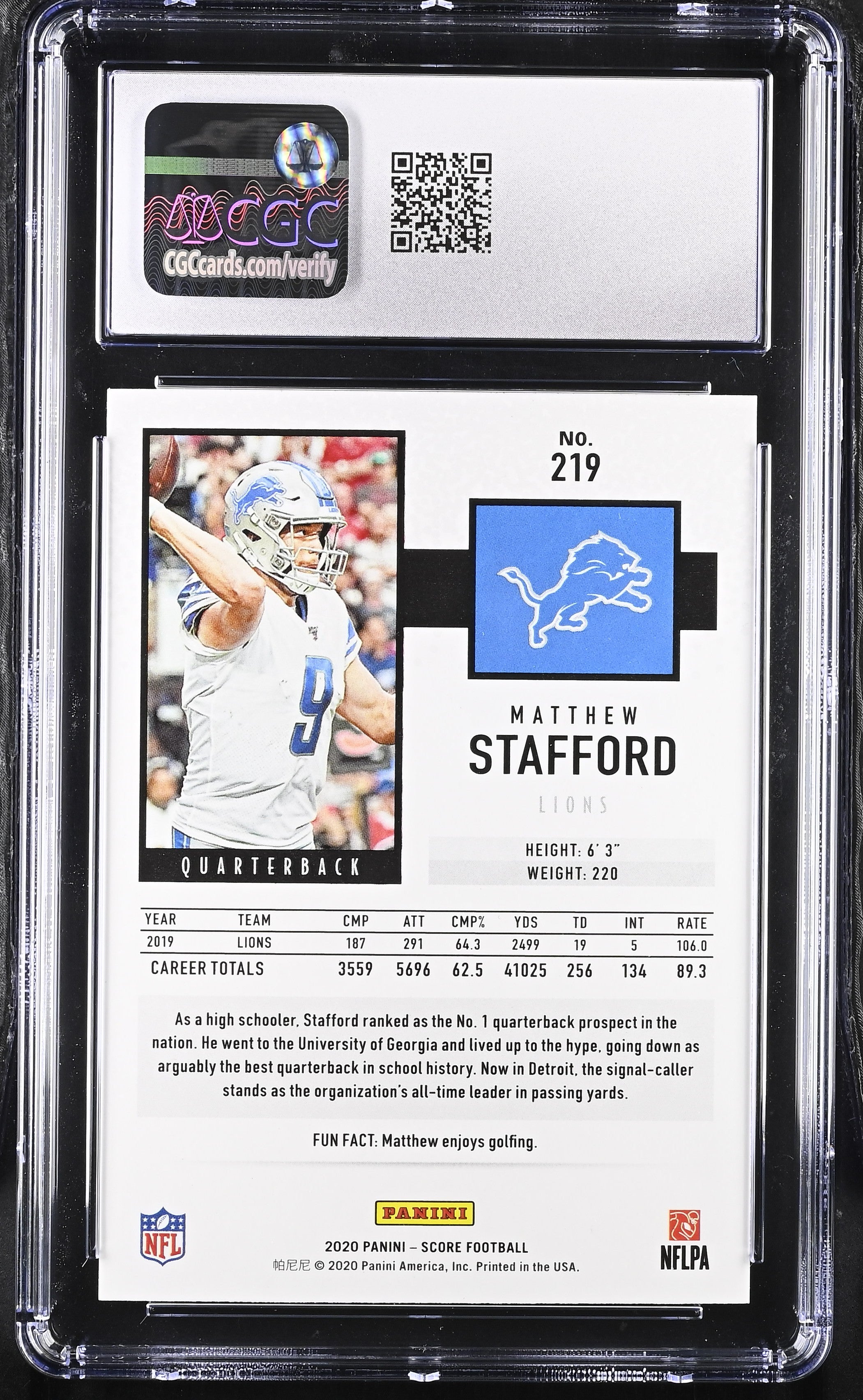 2020 Score Matthew Stafford #219 Football CGC 10