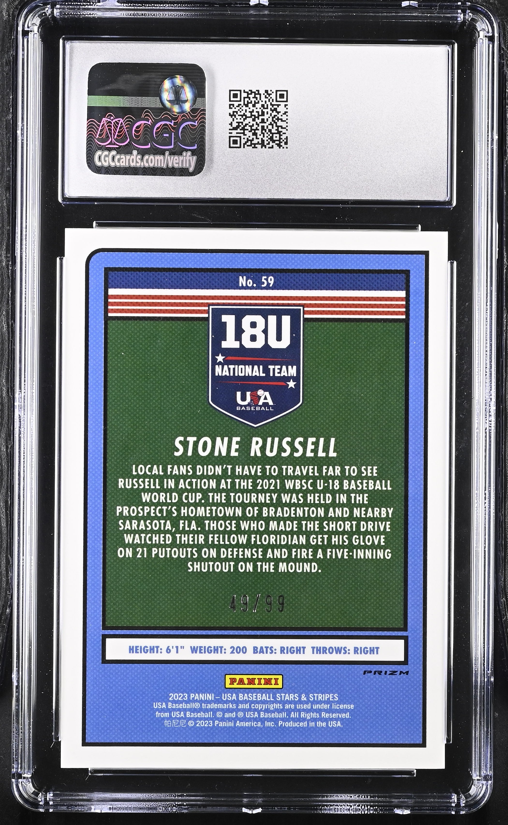 2023 Stars & Stripes Stone Russell #59 White Stars 49/99 Baseball CGC 10