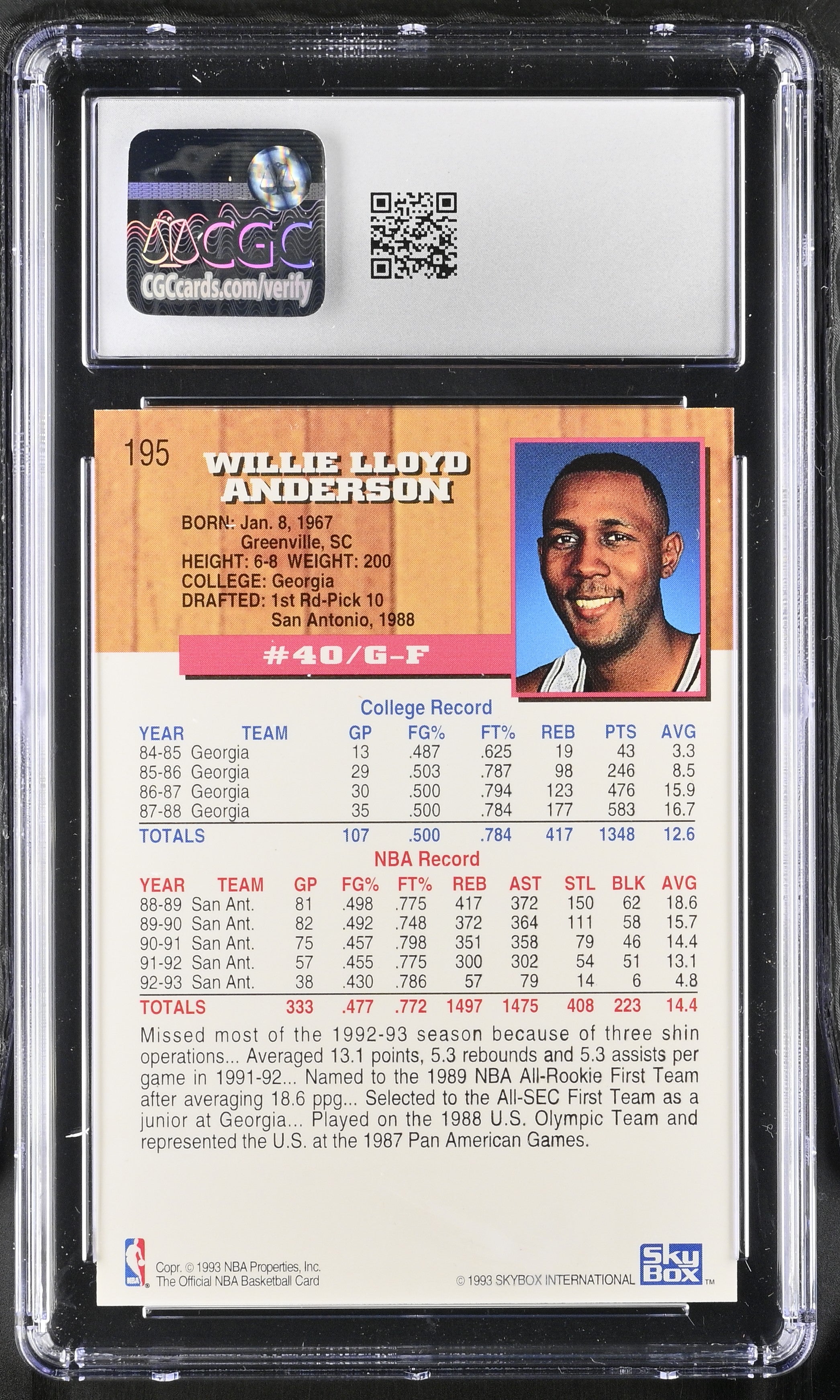 1993-94 Hoops Willie Anderson #195 5th Anniversary Gold Basketball CGC 10