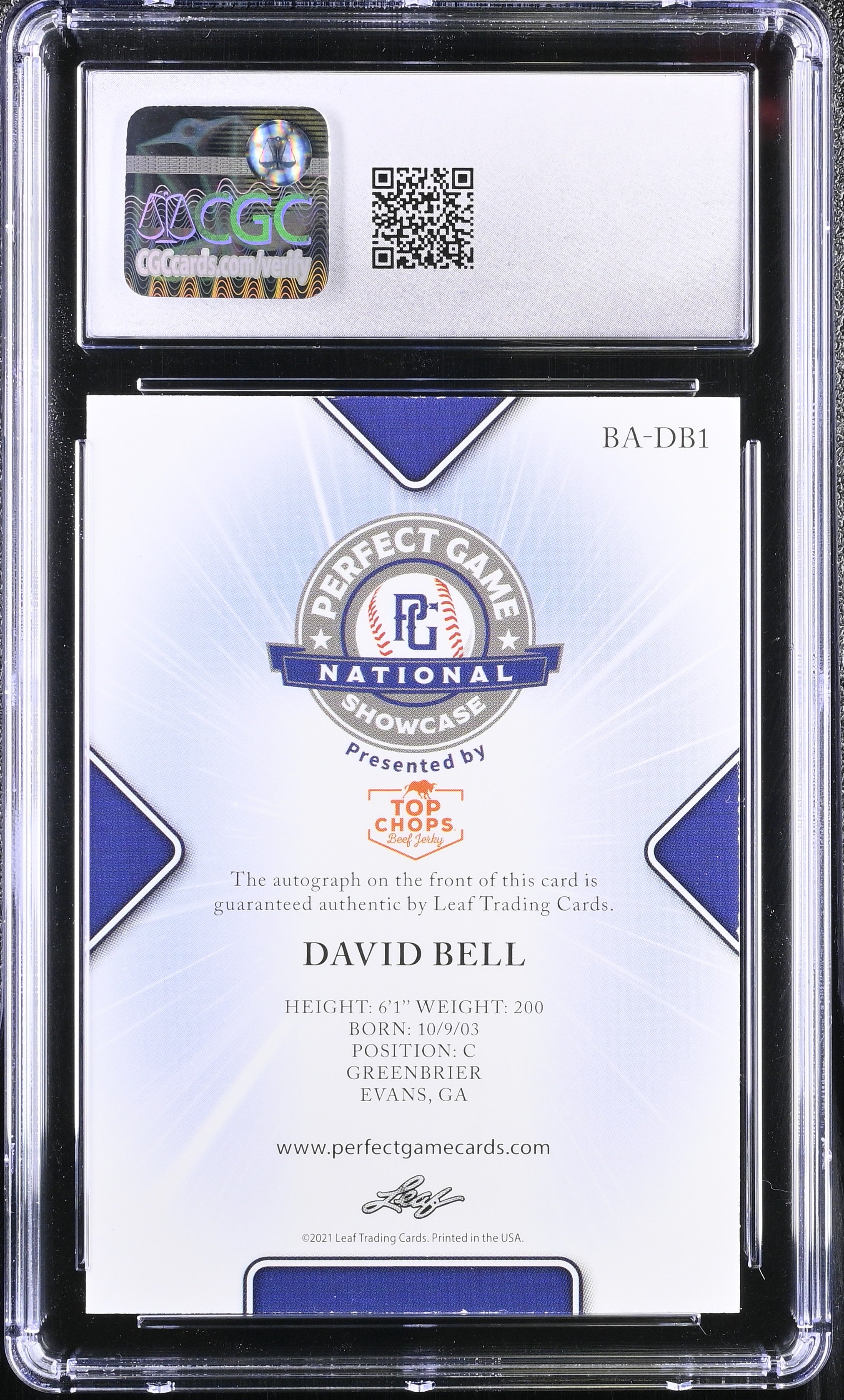 2021 Perfect Game Showcase David Bell #BA-DB1 Pink 1/3 Baseball CGC 9