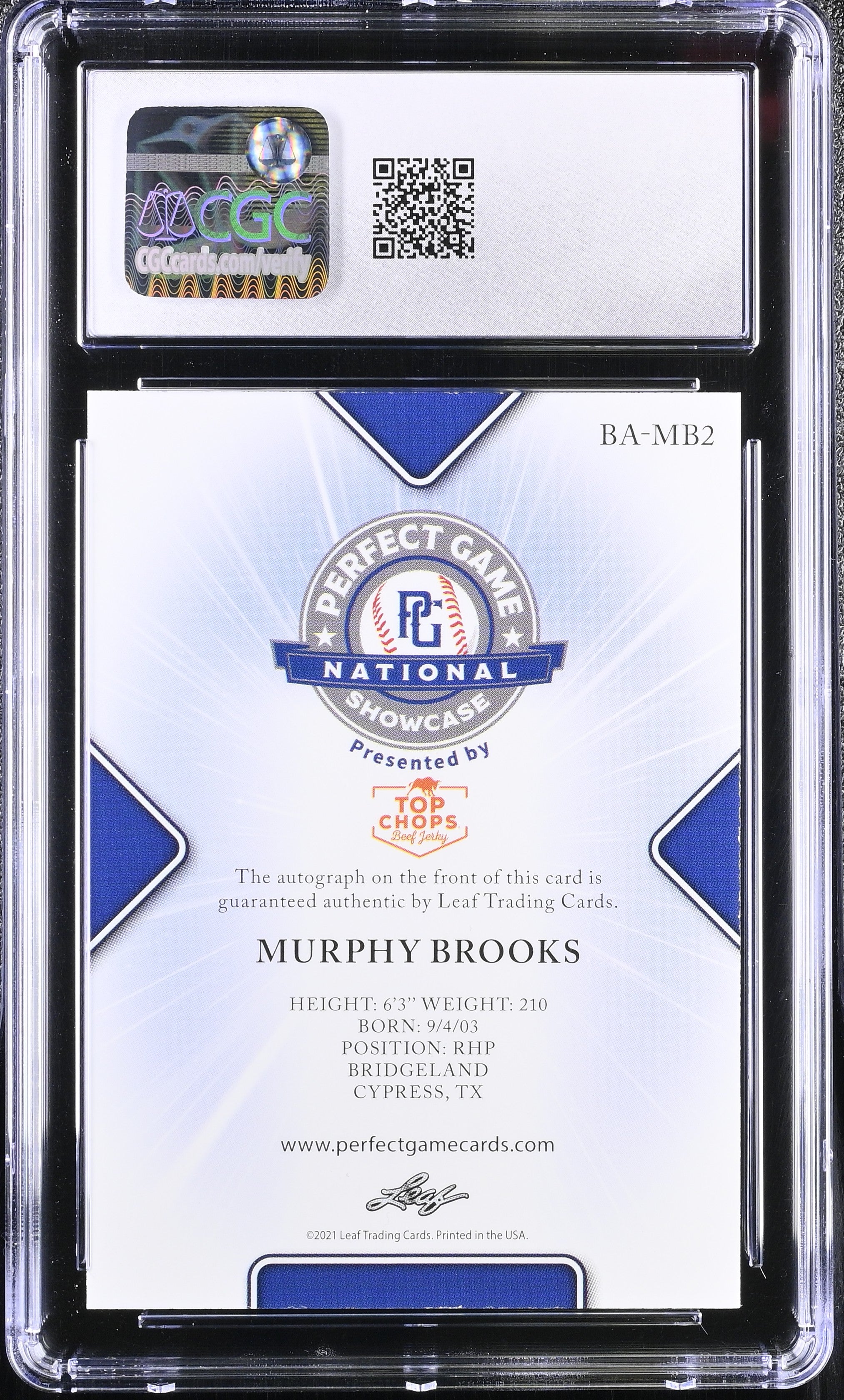 2021 Perfect Game Showcase Murphy Brooks #BA-MB2 Green 8/10 Baseball CGC 9