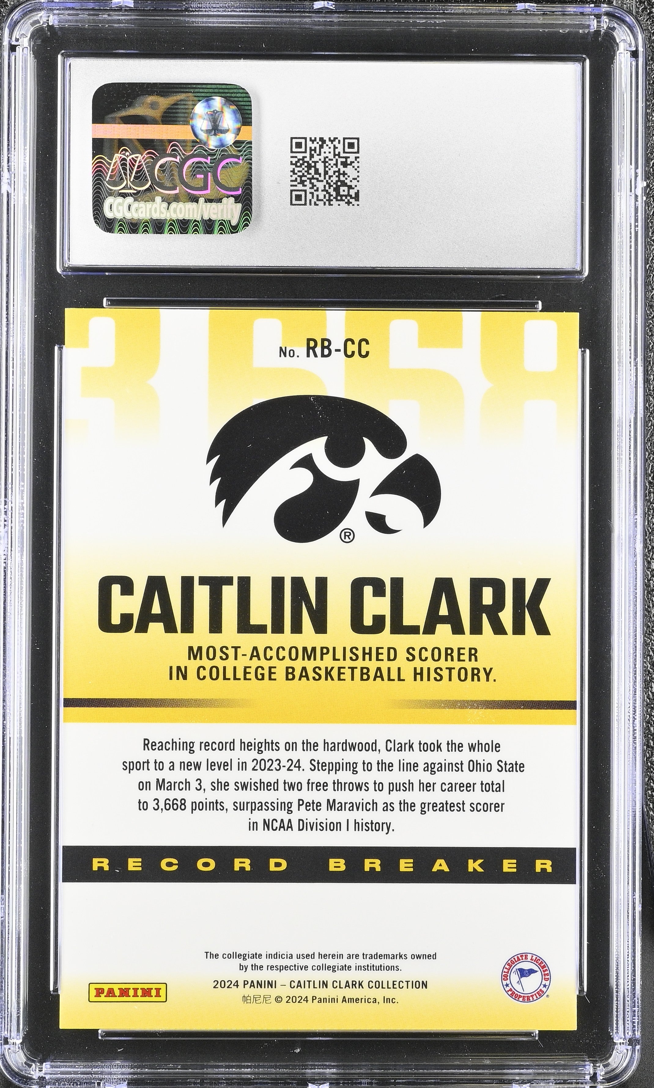 2024 Panini Caitlin Clark Collection #RB-CC Record Breaker CGC 9.5