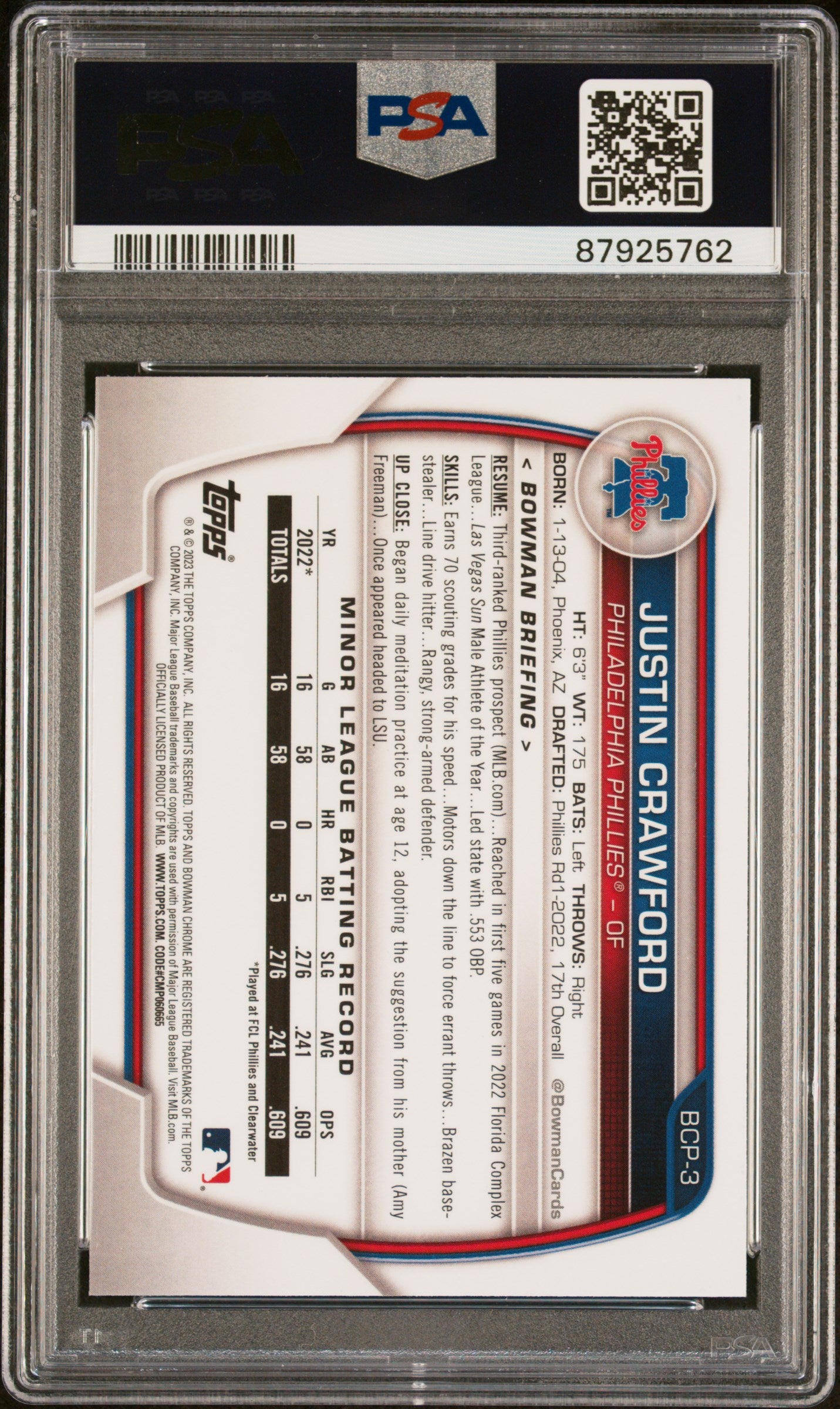 2023 Bowman Chrome Prospects Justin Crawford #BCP3 Chrome Prospects PSA 10