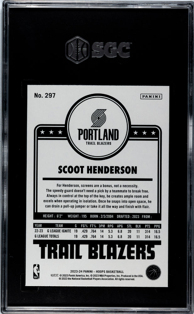 2023 Panini Hoops Scoot Henderson #297 Basketball SGC 10