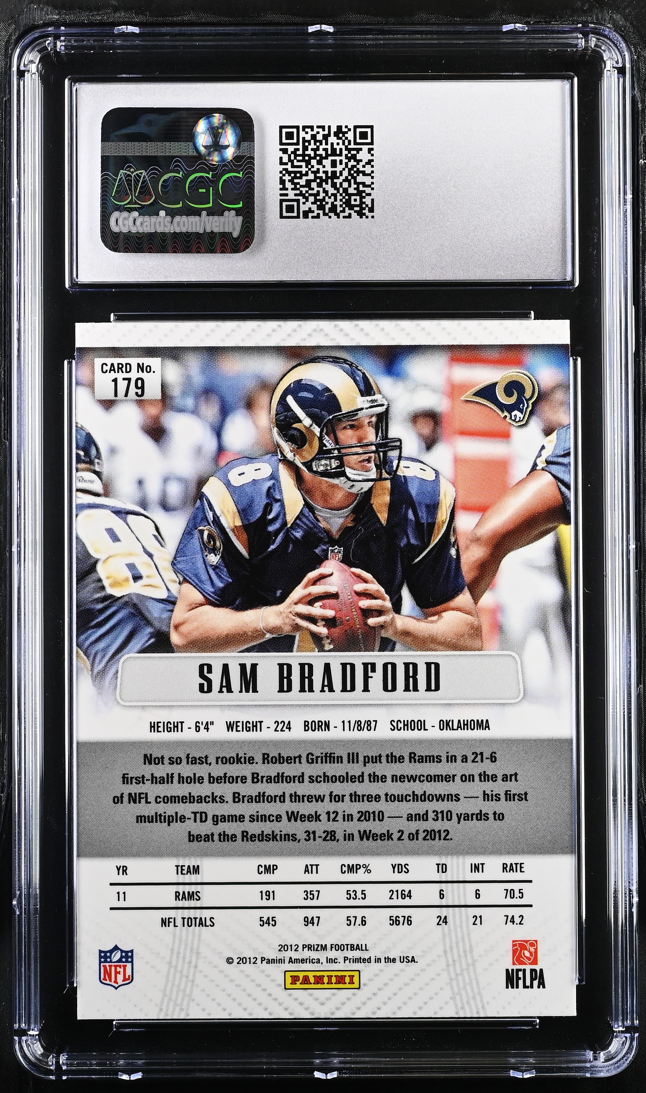 2012 Prizm Sam Bradford #179 Football CGC 8.5