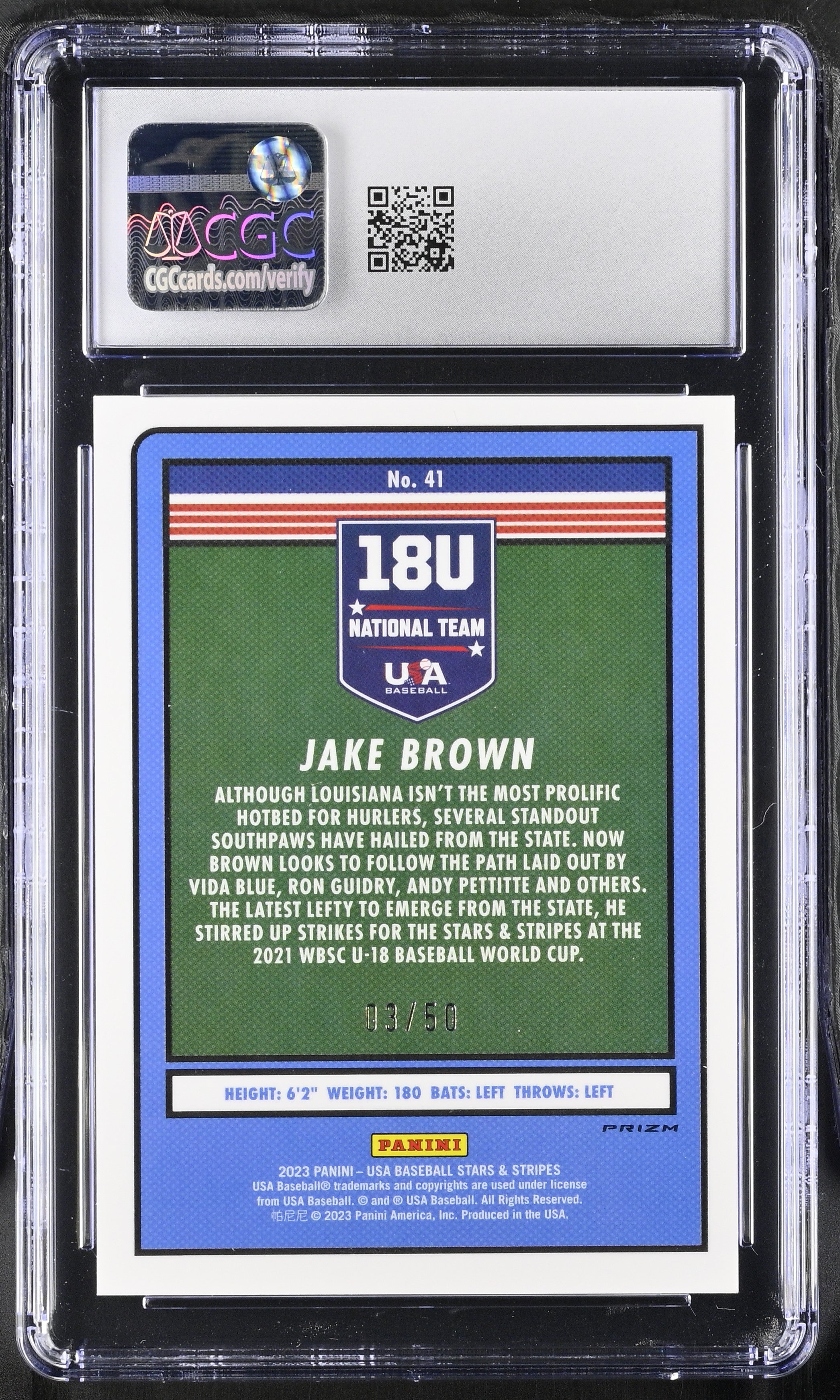 2023 Panini Stars & Stripes Jake Brown #41 Team Logo 3/50 Baseball CGC 9.5