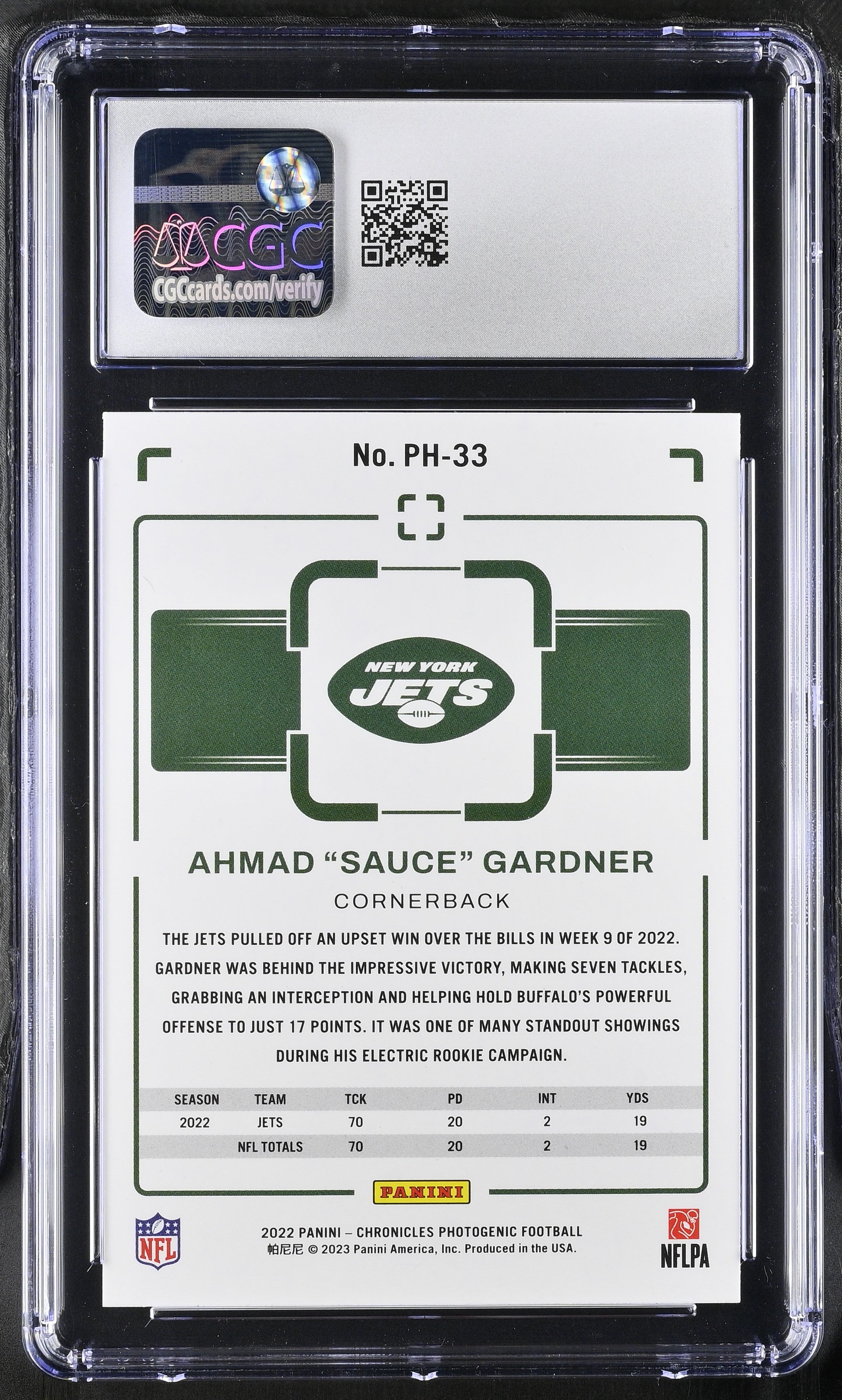 2022 Panini Chronicles Ahmad "Sauce" Gardner #PH-33 Photogenic Football CGC 10