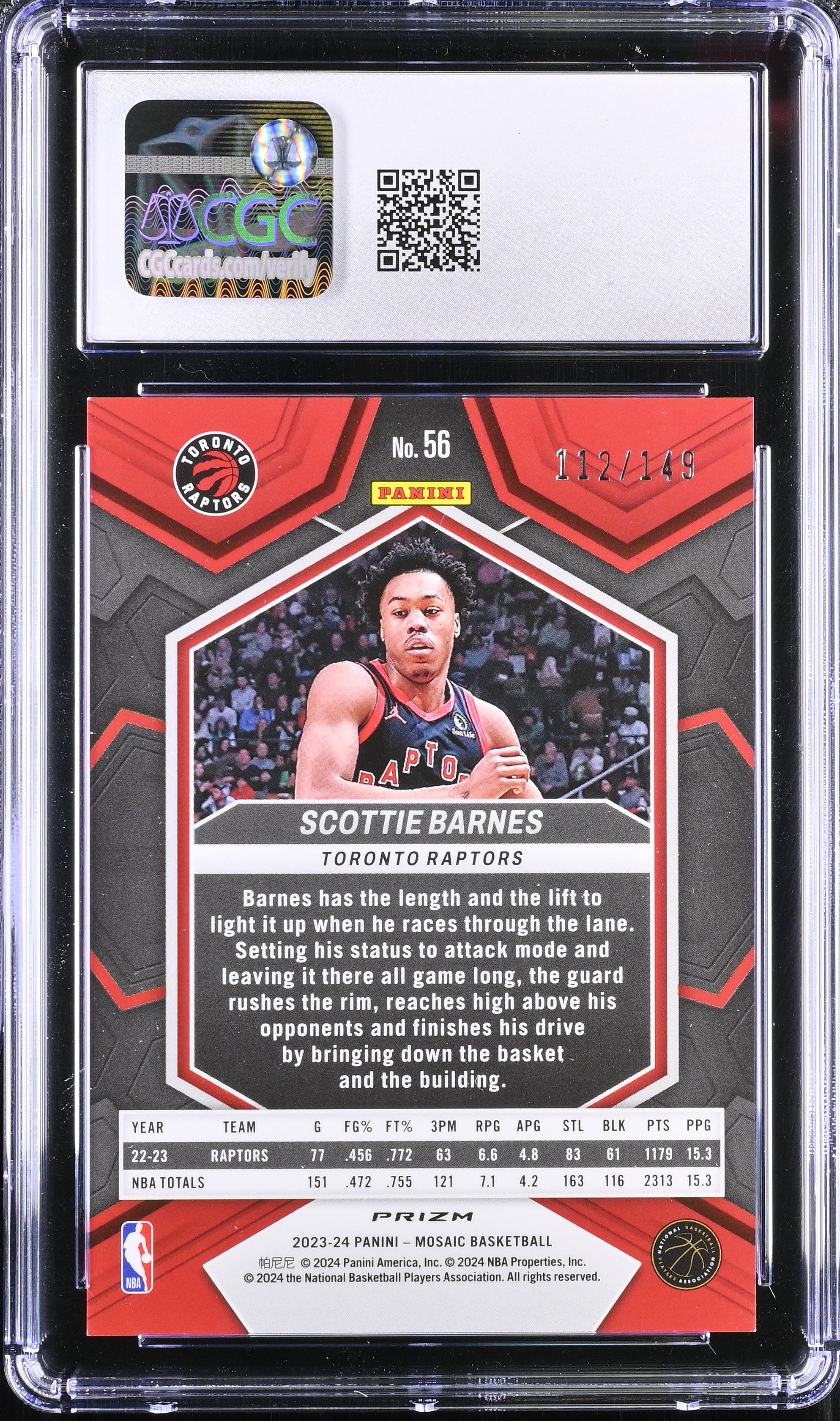 2023 Mosaic Scottie Barnes #56 Purple 112/149 Basketball CGC 9