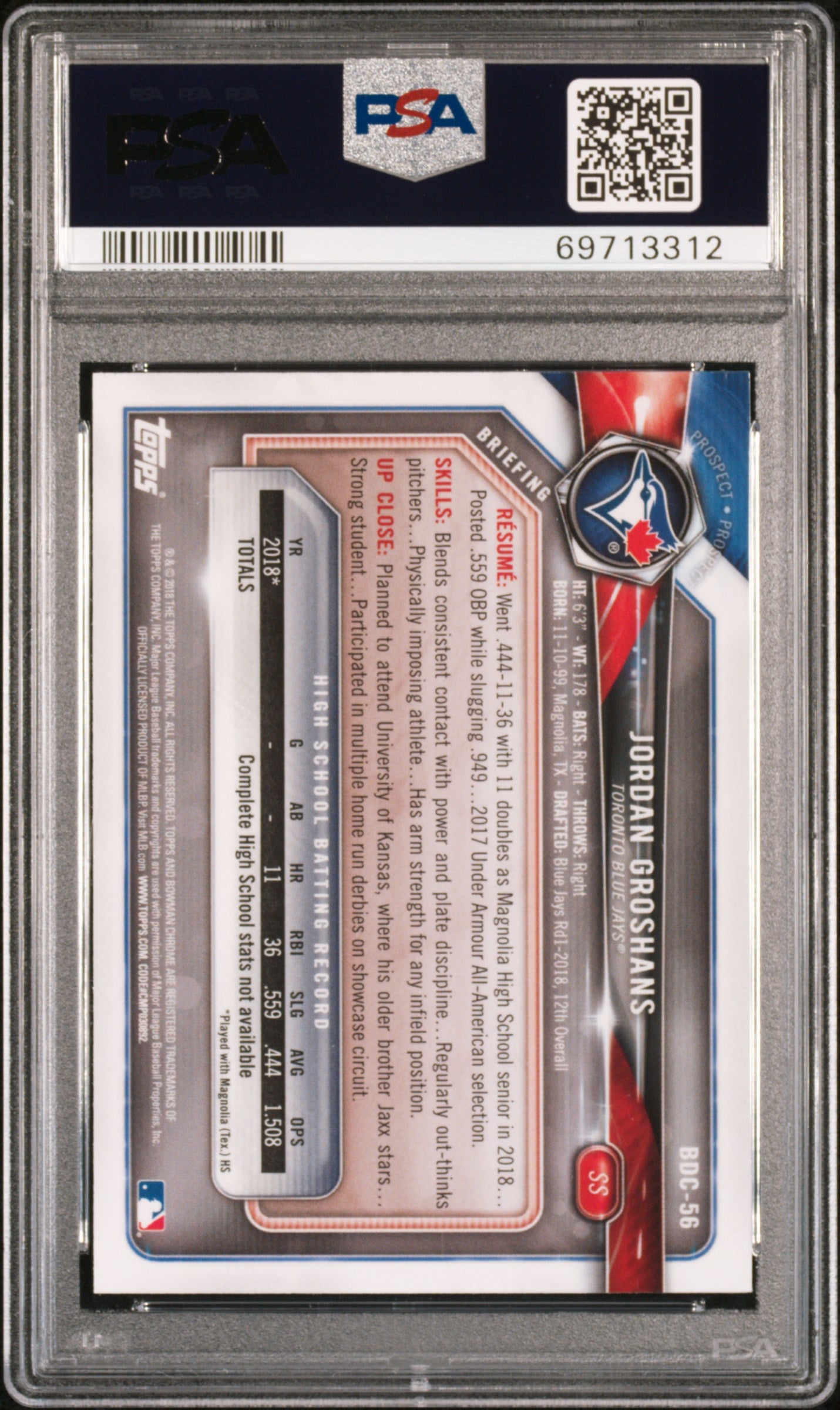 2018 Bowman Draft Jordan Groshans #BDC56 Chrome Baseball PSA 10