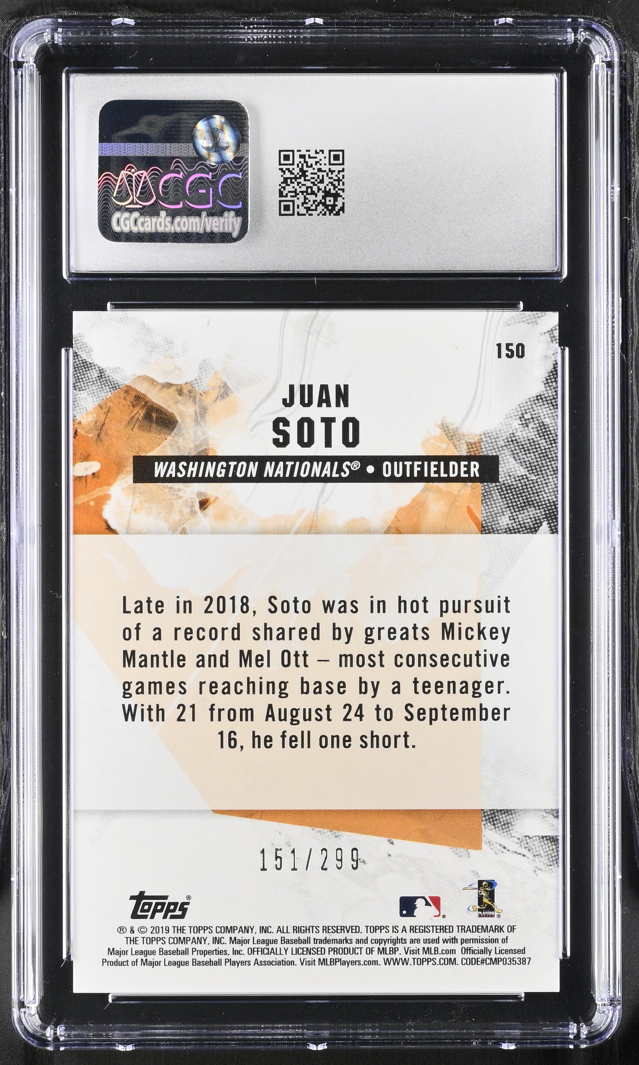 2019 Topps Fire Juan Soto #150 Orange 151/299 Baseball CGC 10