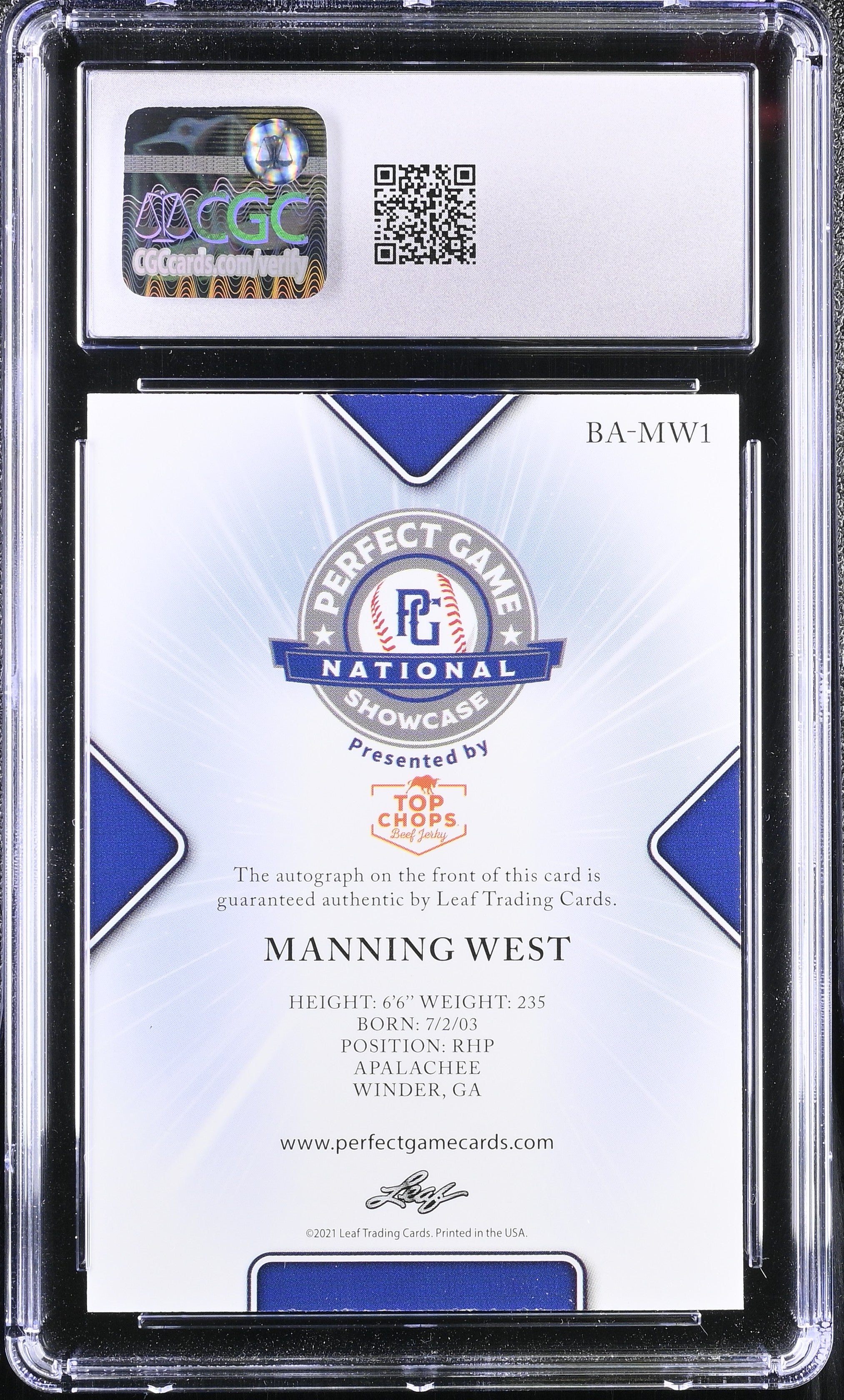 2021 Perfect Game Showcase Manning West #BA-MW1 Black Auto 29/50 CGC 10