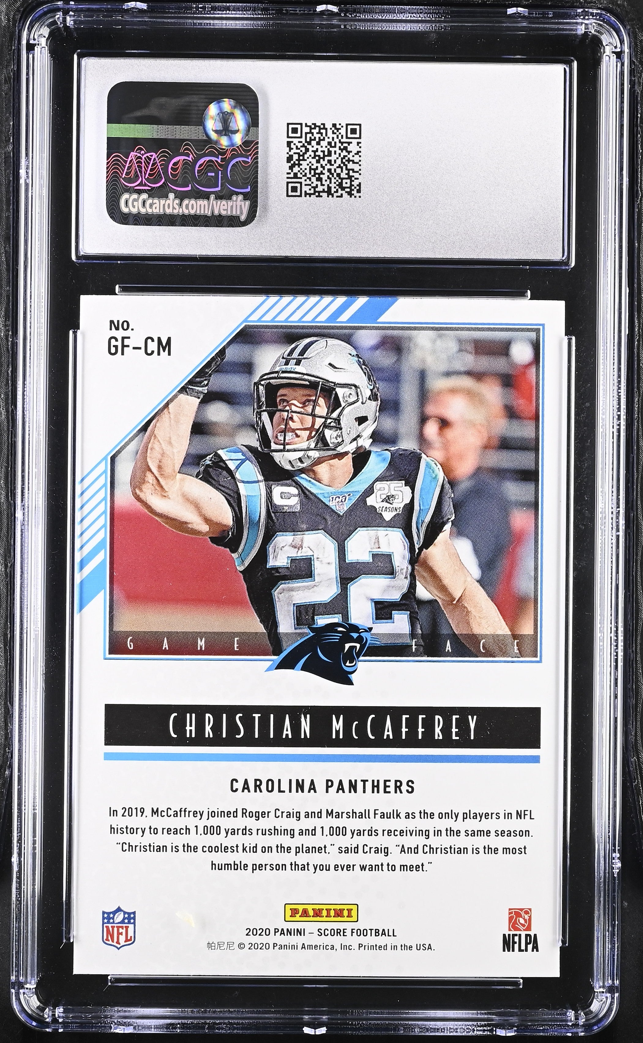 2020 Score Christian McCaffrey #GF-CM Game Face Football CGC 10