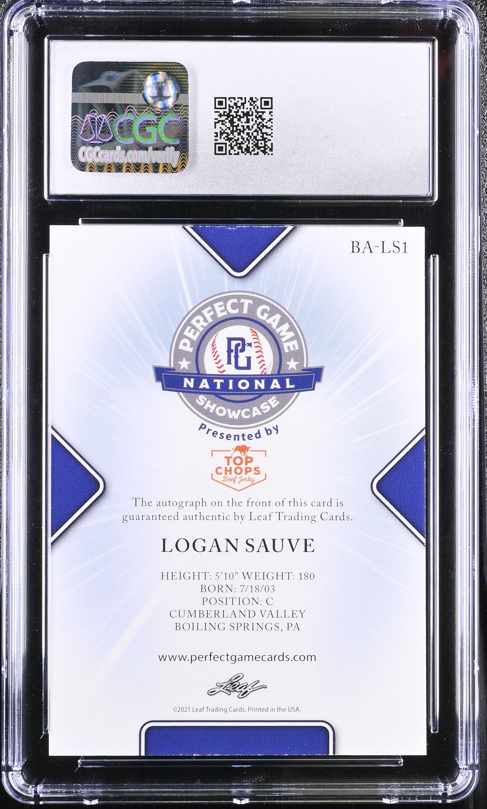 2021 Perfect Game Showcase Logan Sauve #BA-LS1 Blue 8/15 Baseball CGC 9