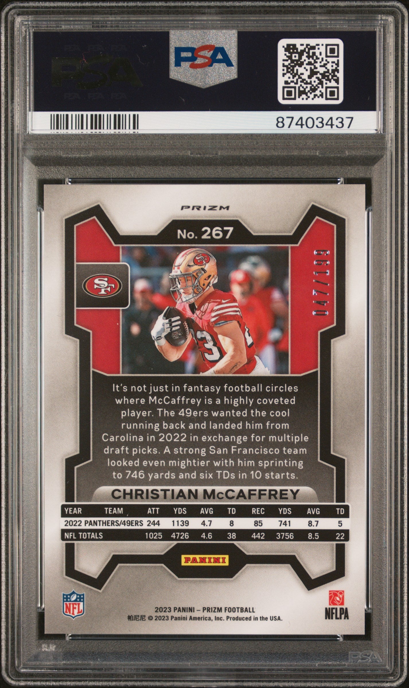 2023 Panini Prizm Christian Mccaffrey #267 Blue Wave Football PSA 8