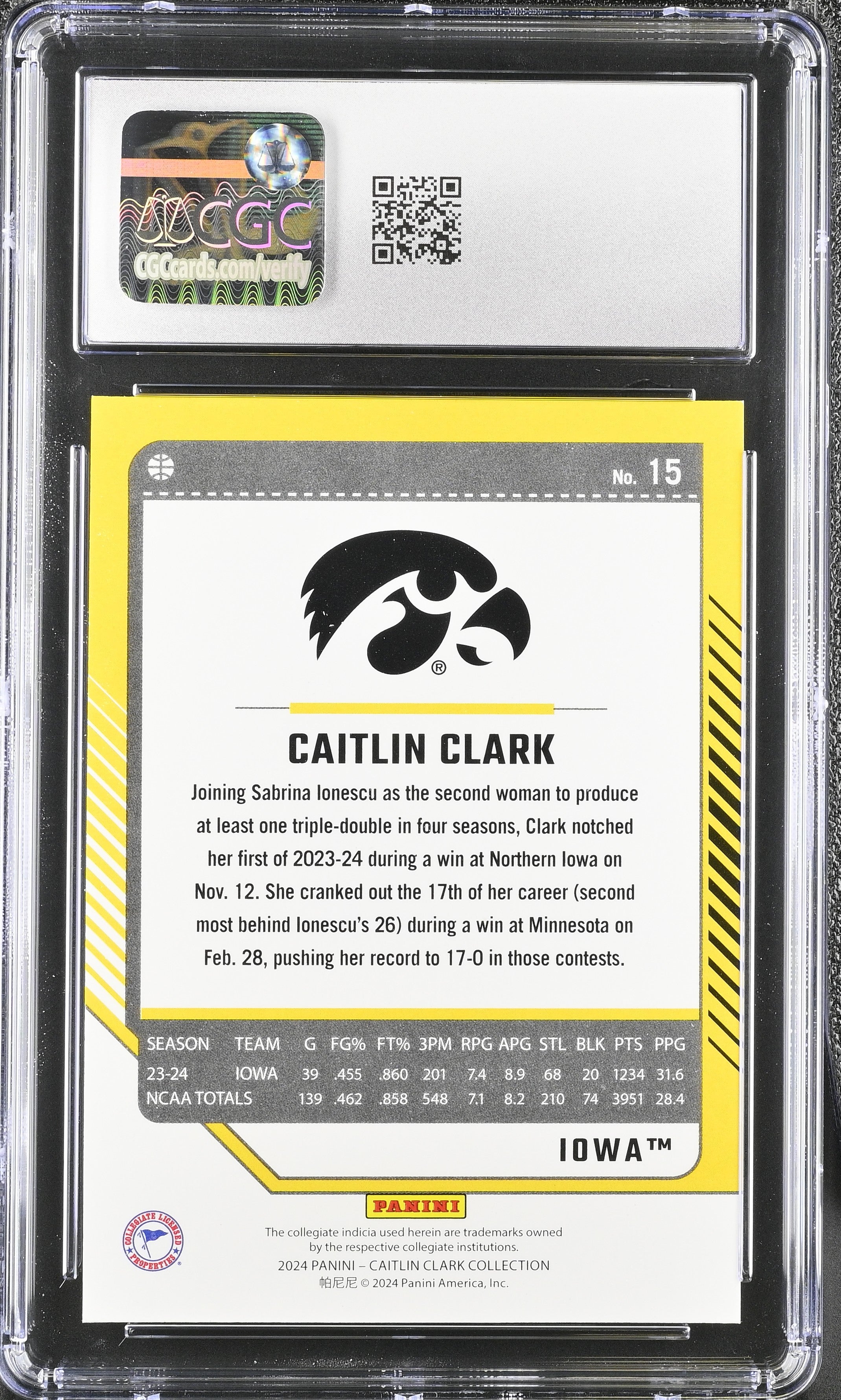 2024 Panini Caitlin Clark Collection Caitlin Clark #15 Donruss CGC 10