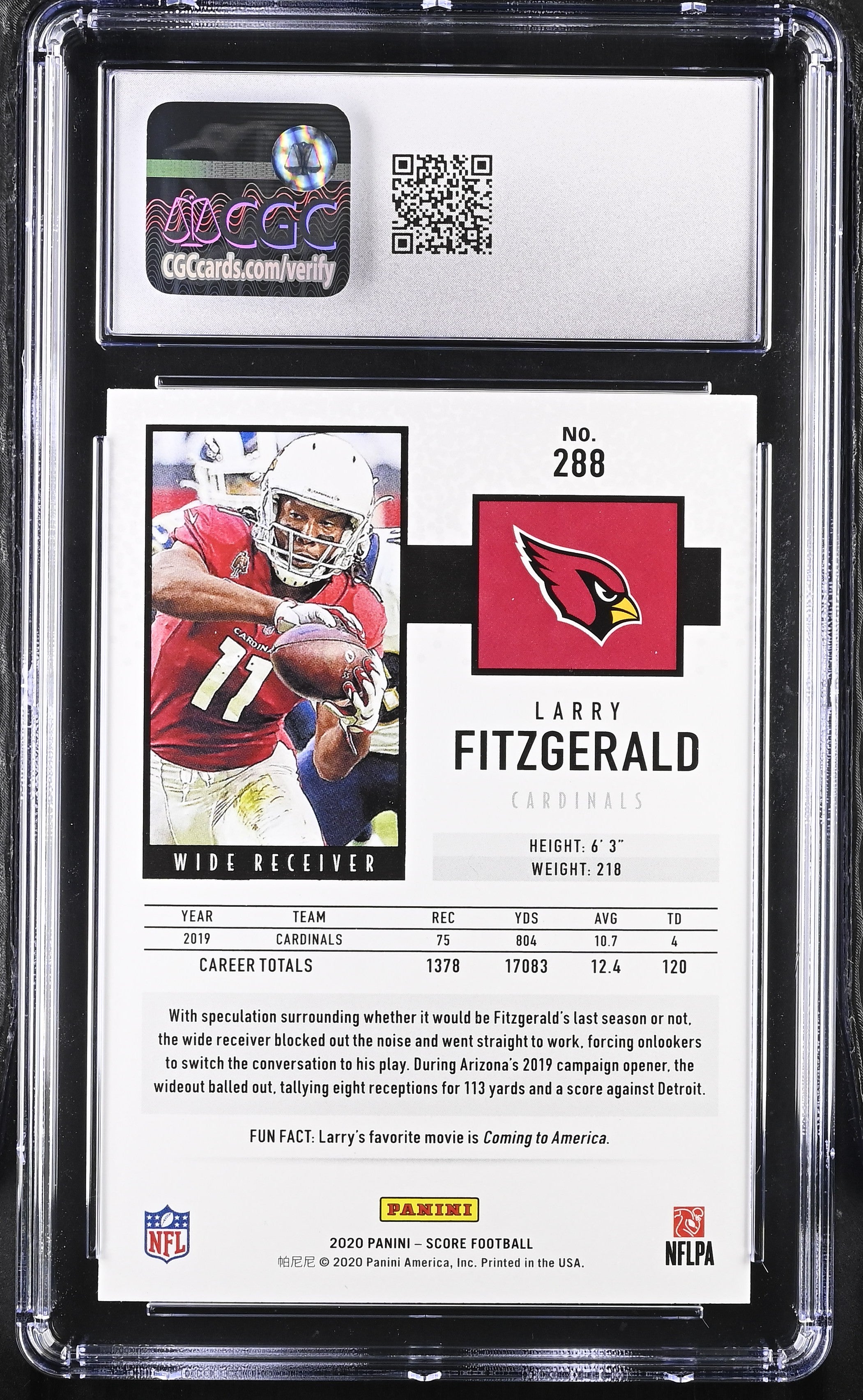 2020 Score Larry Fitzgerald #288 Football CGC 10