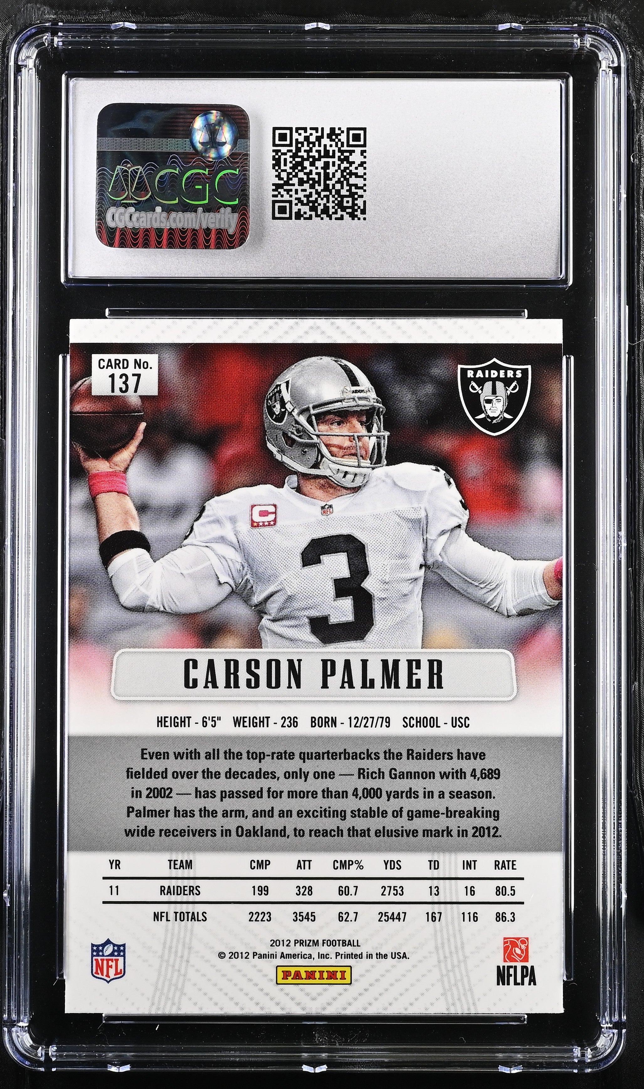 2012 Prizm Carson Palmer #137 Football CGC 8.5